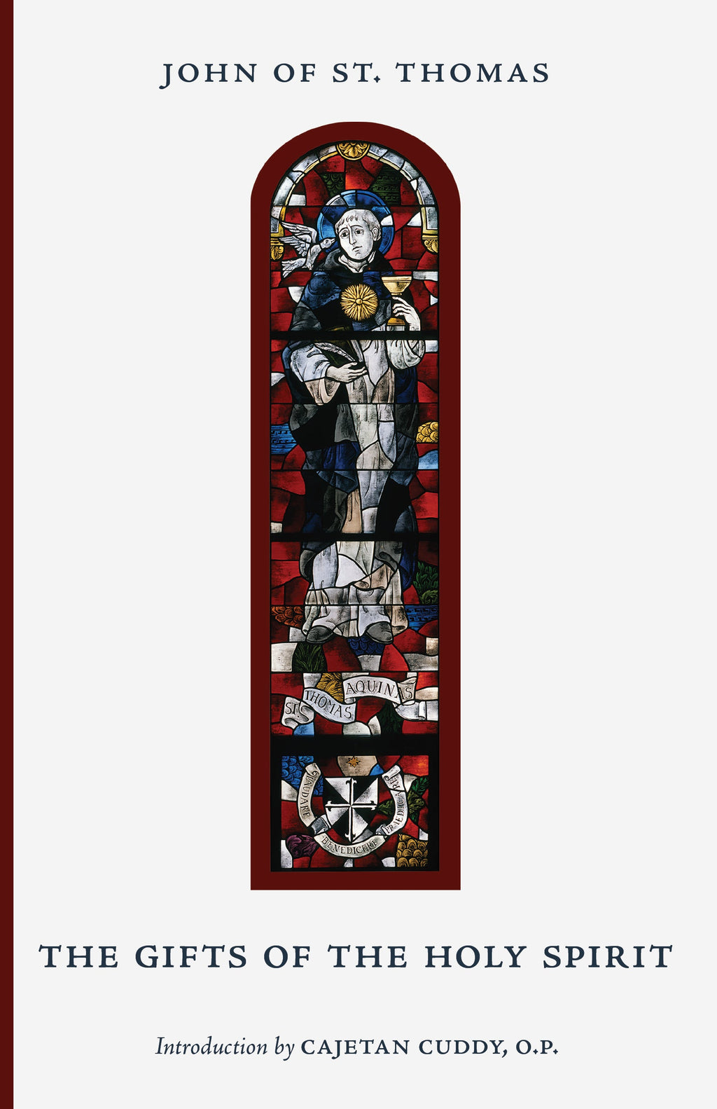 Hardcover book cover with stained-glass-style saint figure and decorative cross