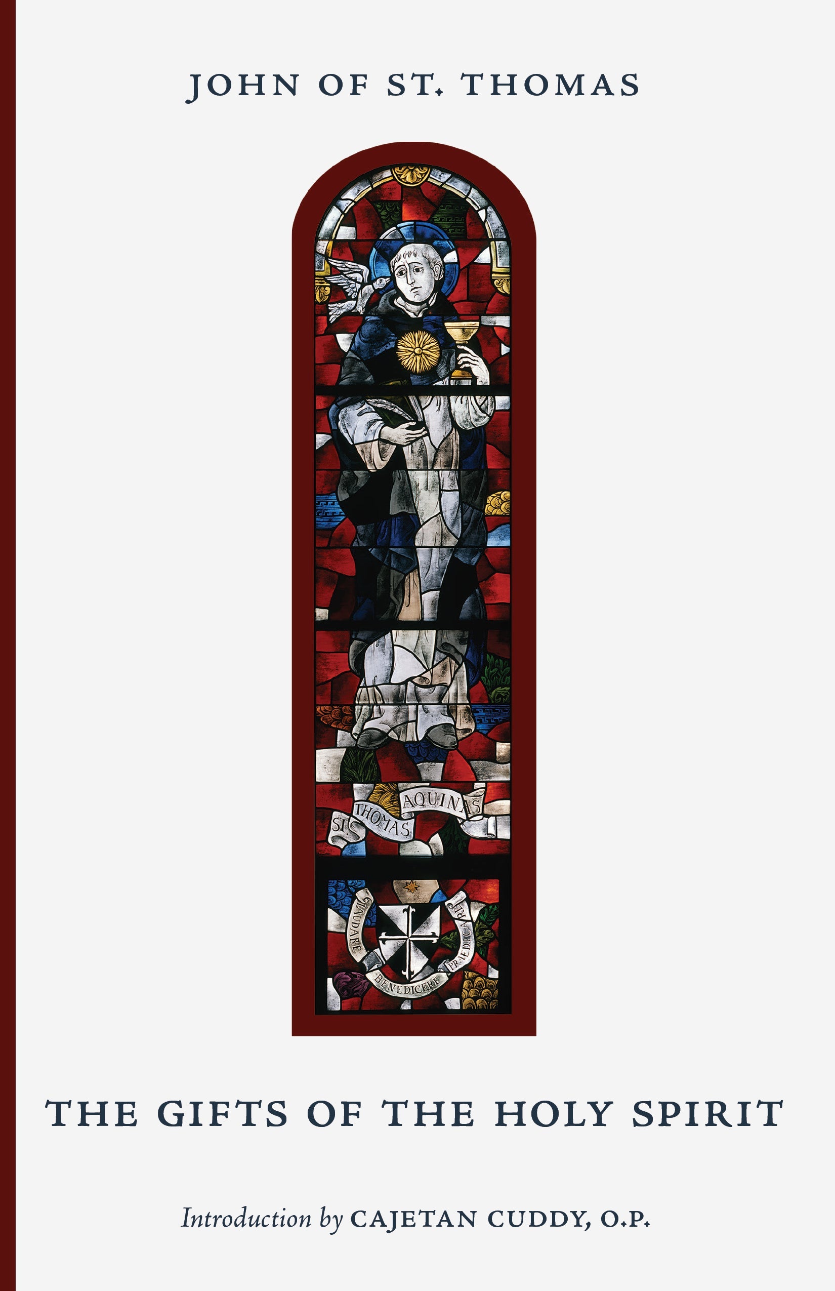 Hardcover book cover with stained-glass-style saint figure and decorative cross