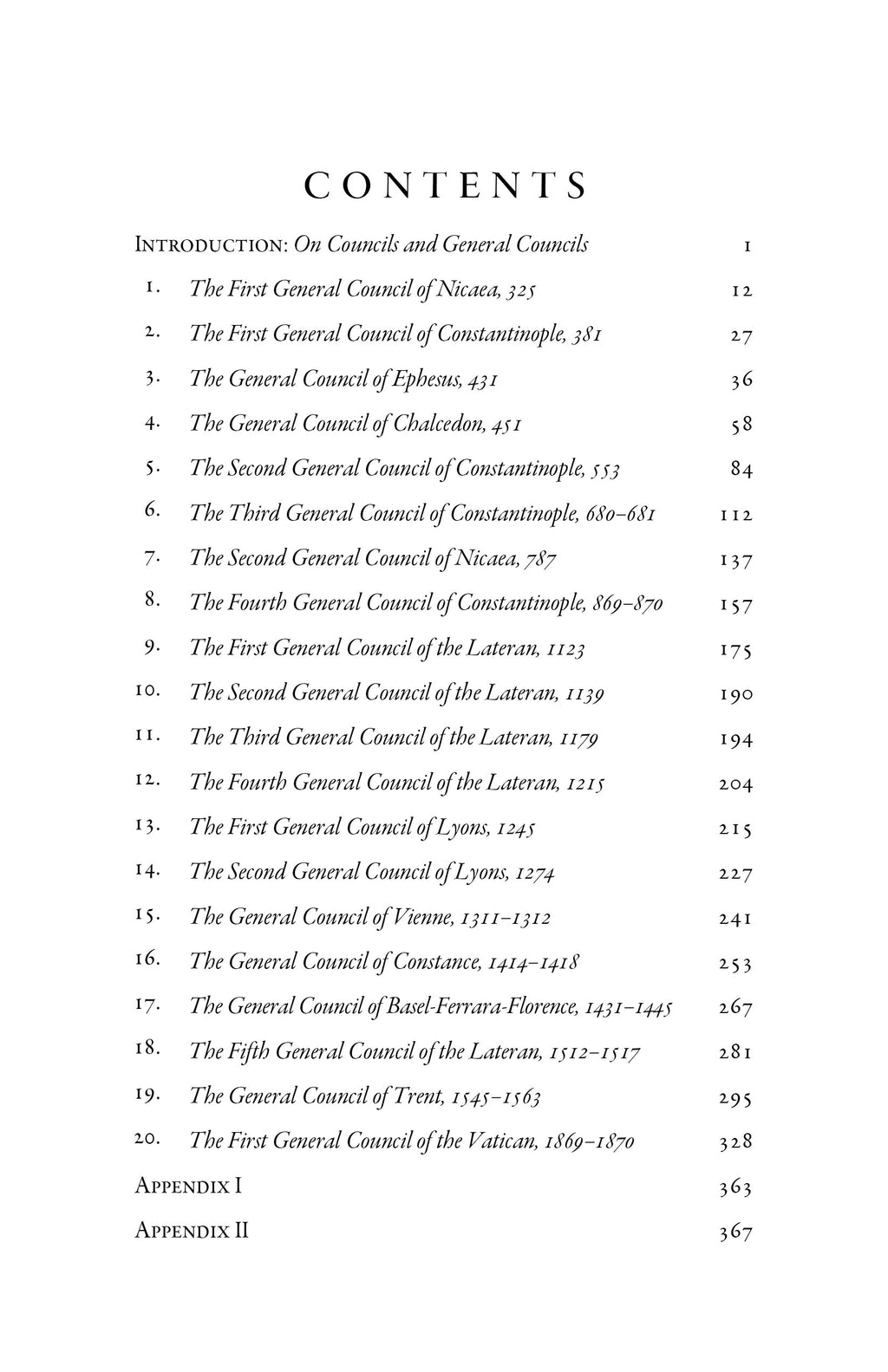 Book contents page with numbered chapter list and appendices