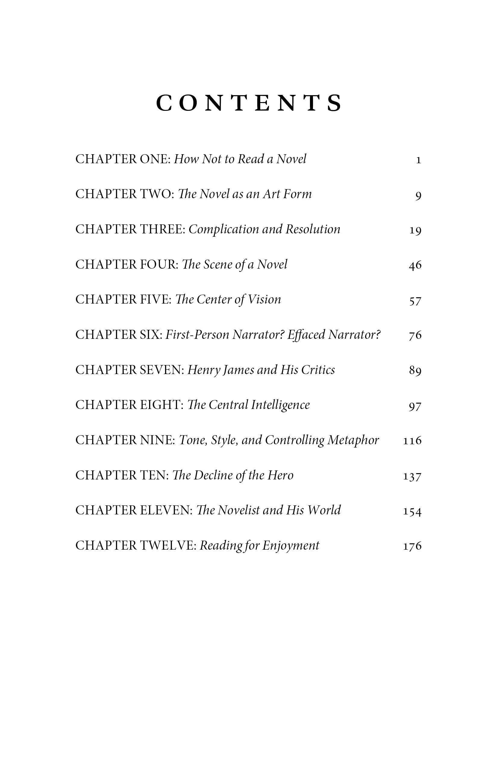 How to Read a Novel contents page listing chapters and page numbers