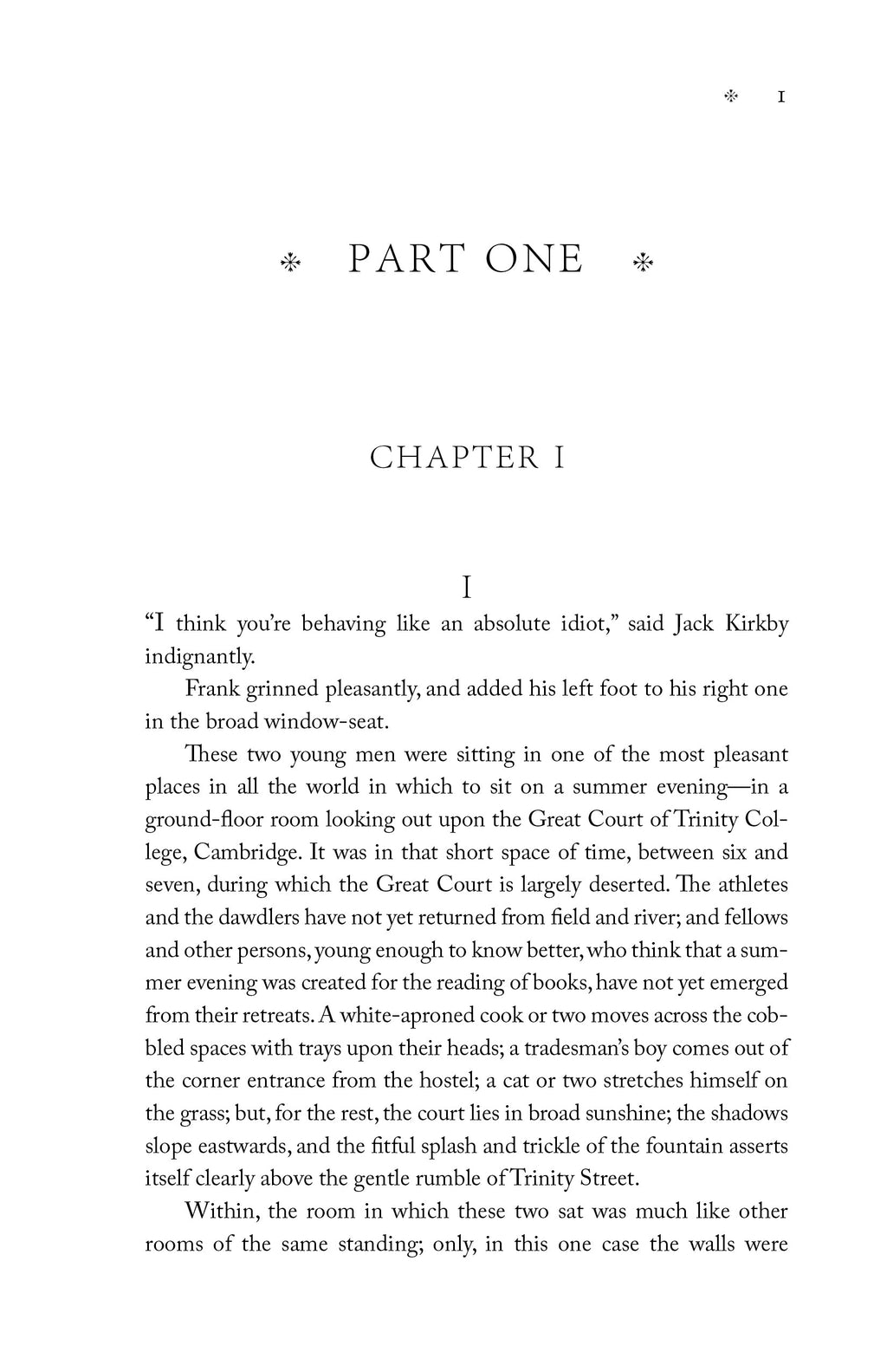 Novel page with chapter heading “Part One” and “Chapter I” text