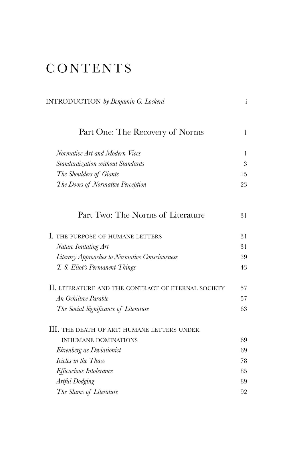 Book table of contents page with parts and chapter headings.