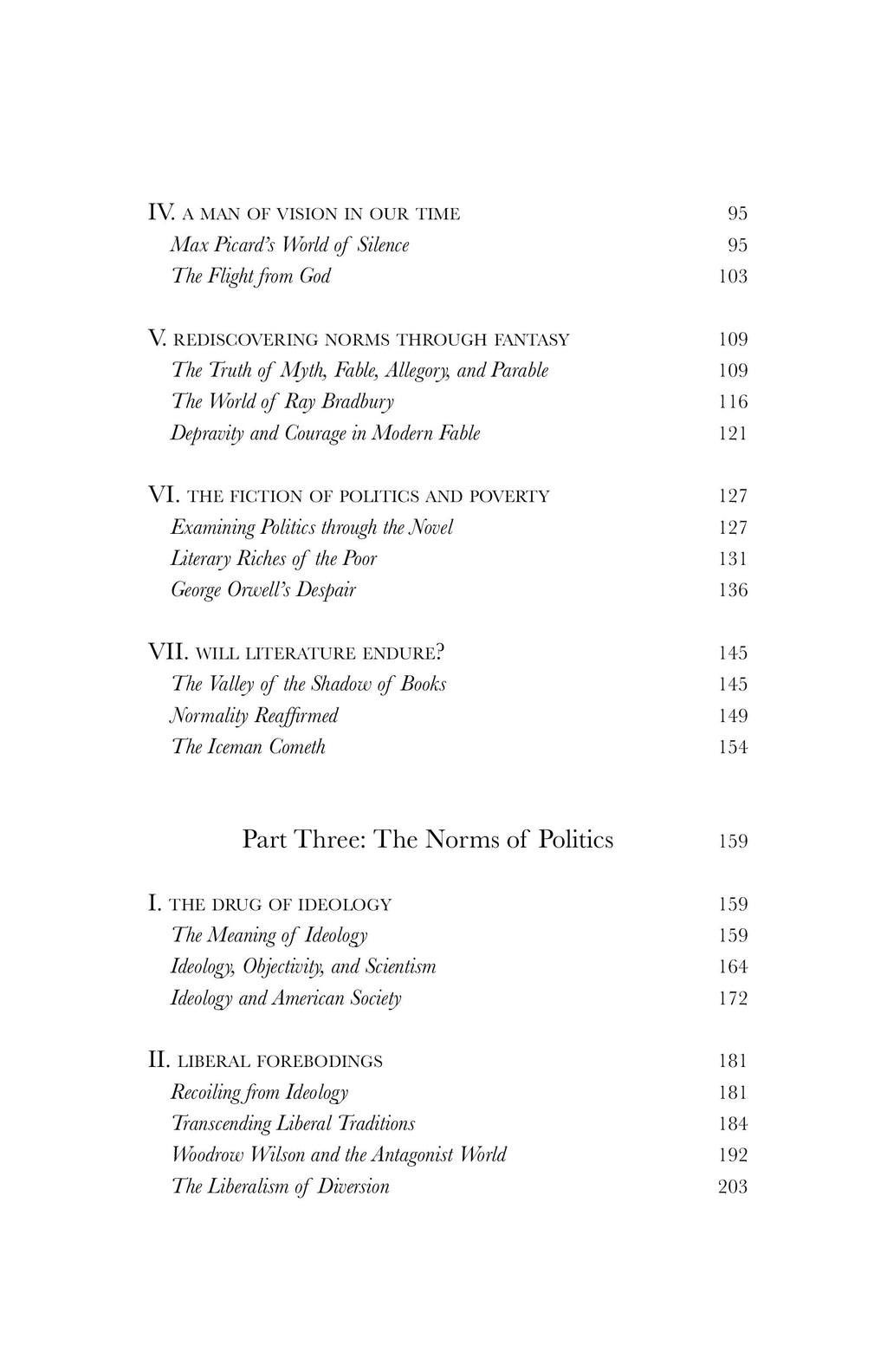 Book contents page with numbered sections and page numbers.
