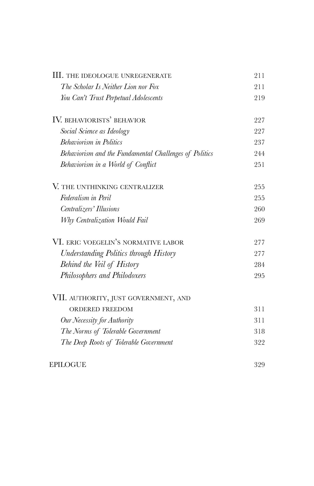 Book contents page with section listings and page references.