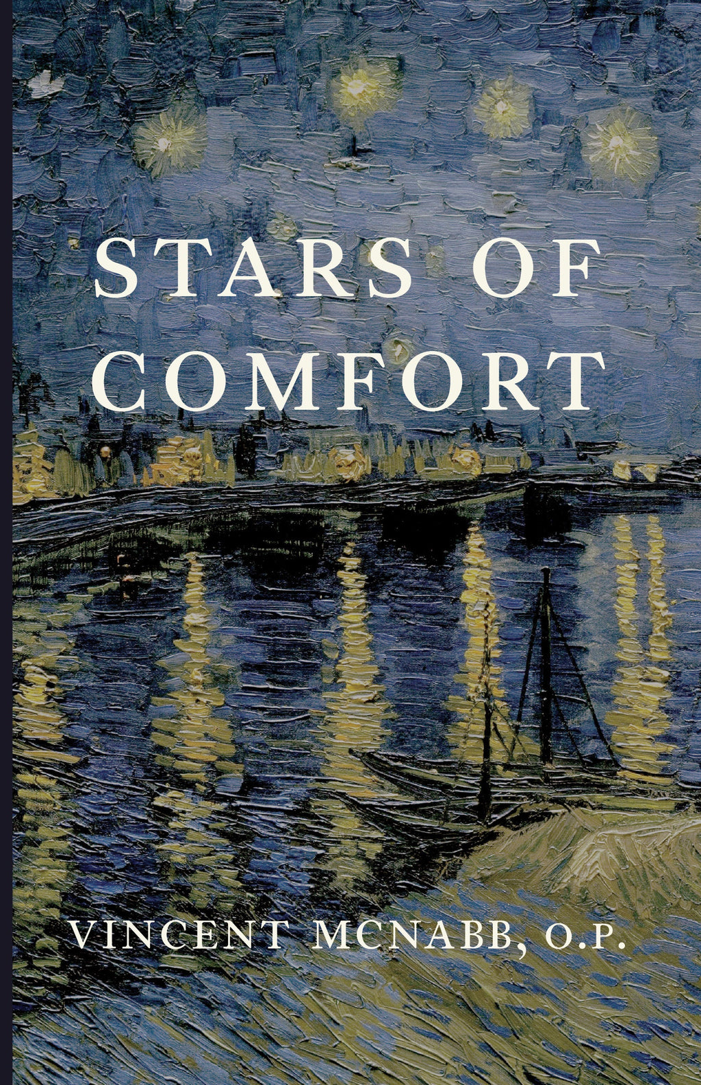 Book front cover with blue painting, starburst lights, and sailboat; author name