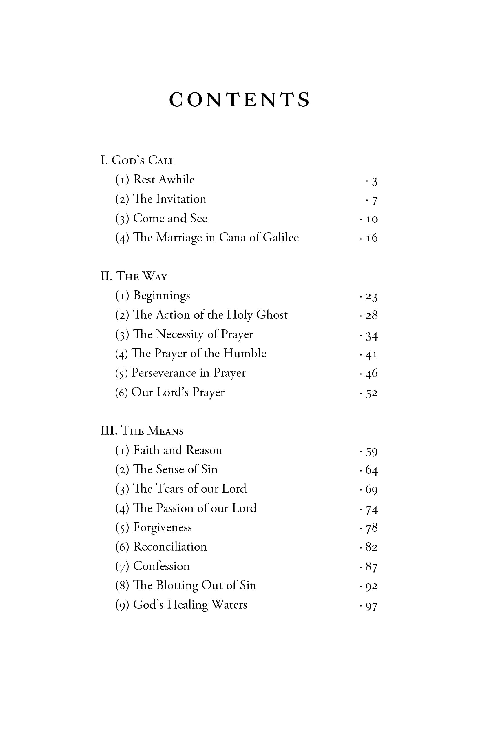 Book contents page listing sections I, II, and page numbers