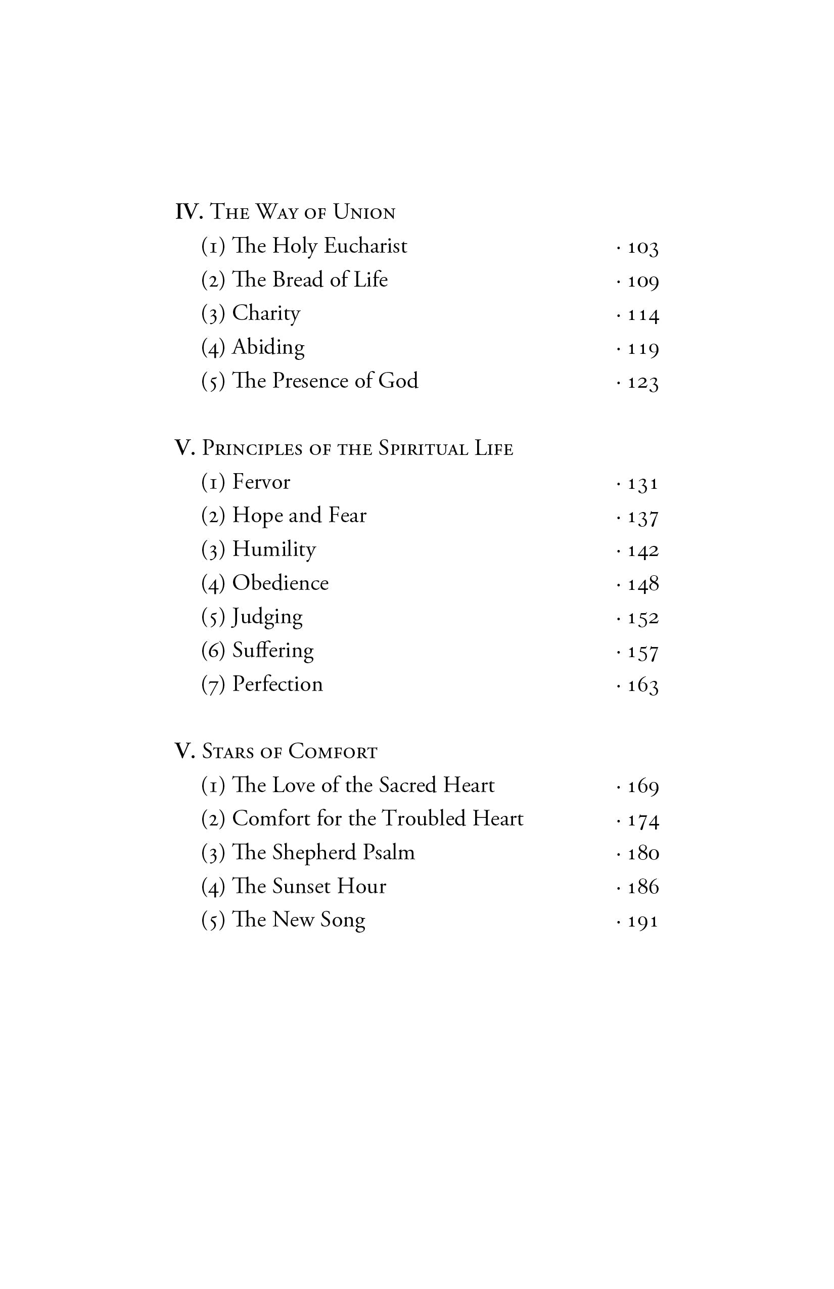 Book contents page continuation with sections IV and V and page numbers