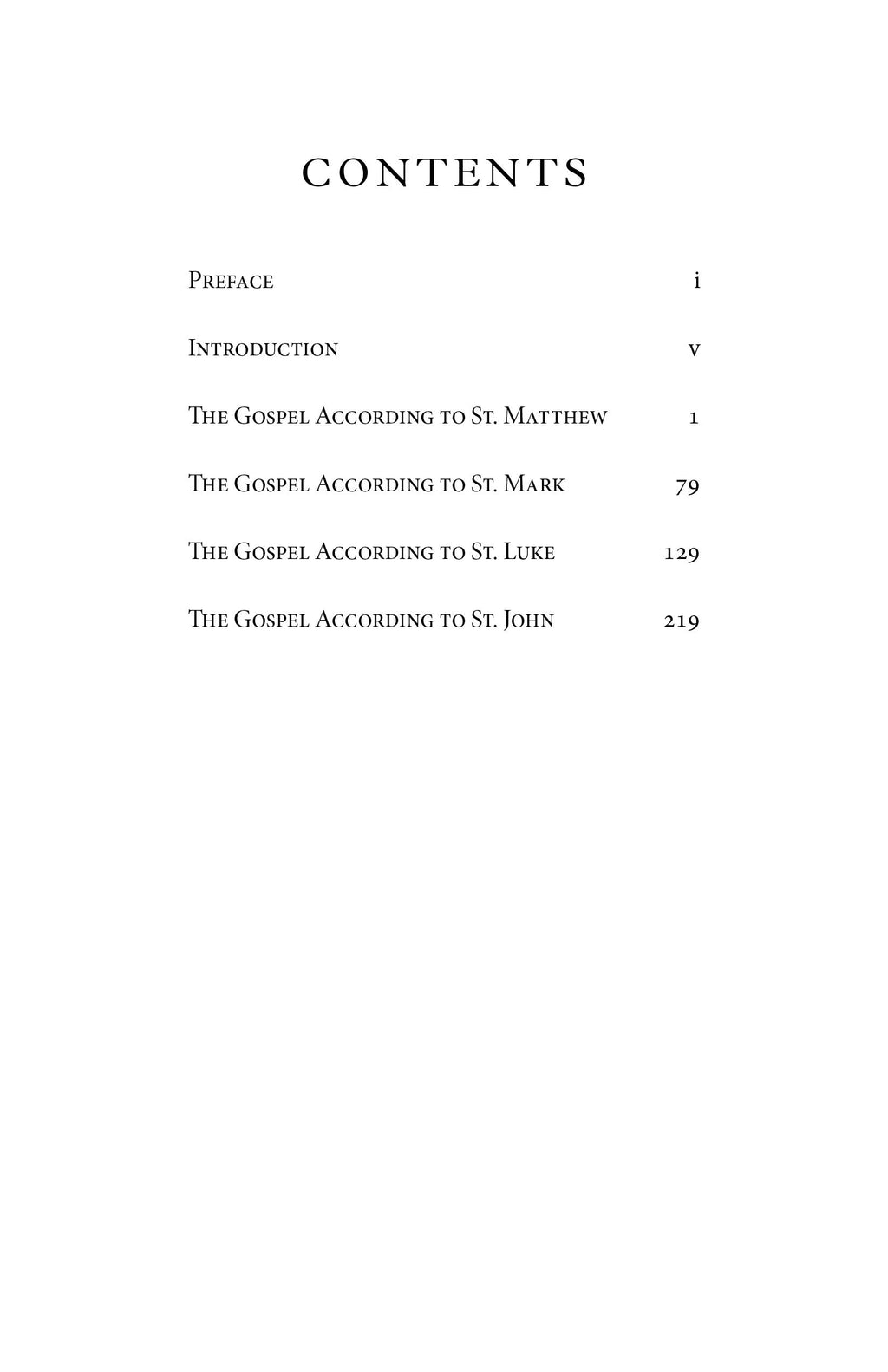 Contents page listing Preface and Gospel sections: Matthew, Mark, Luke, John