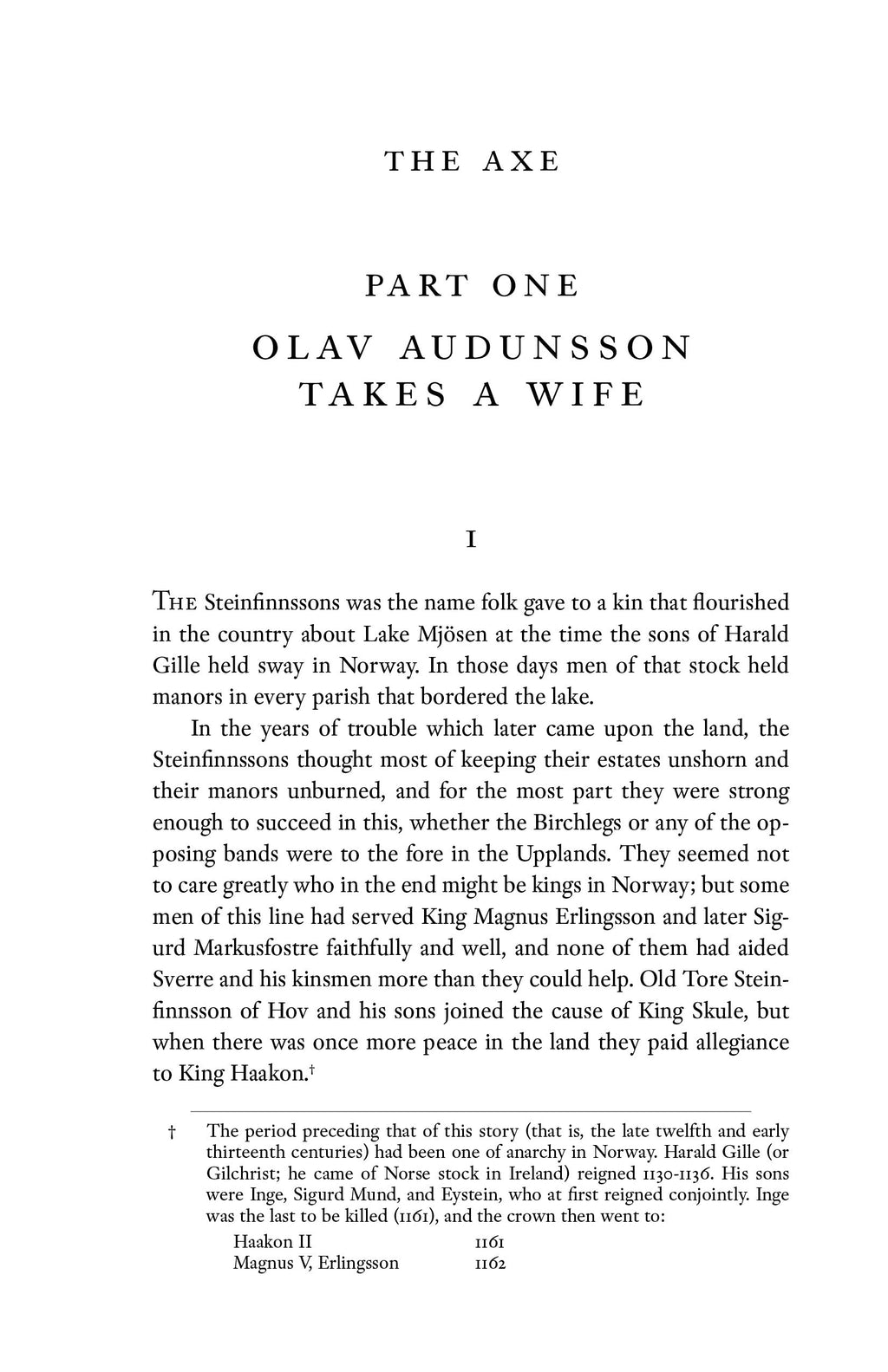 Book page titled 'The Axe, Part One' with Olav Audunsson Takes a Wife