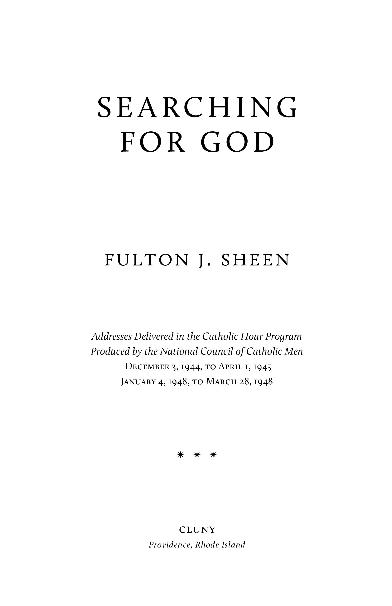 Book title page showing SEARCHING FOR GOD and Fulton J. Sheen, with dated program notes.