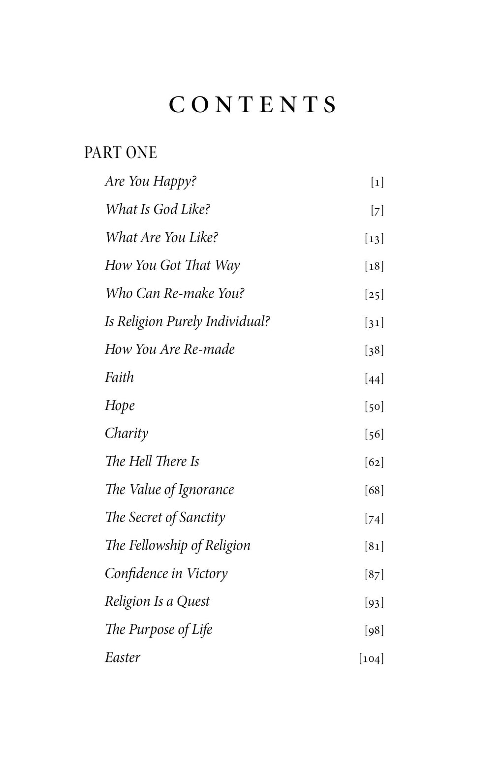 Book contents page listing Part One chapter titles and page numbers.