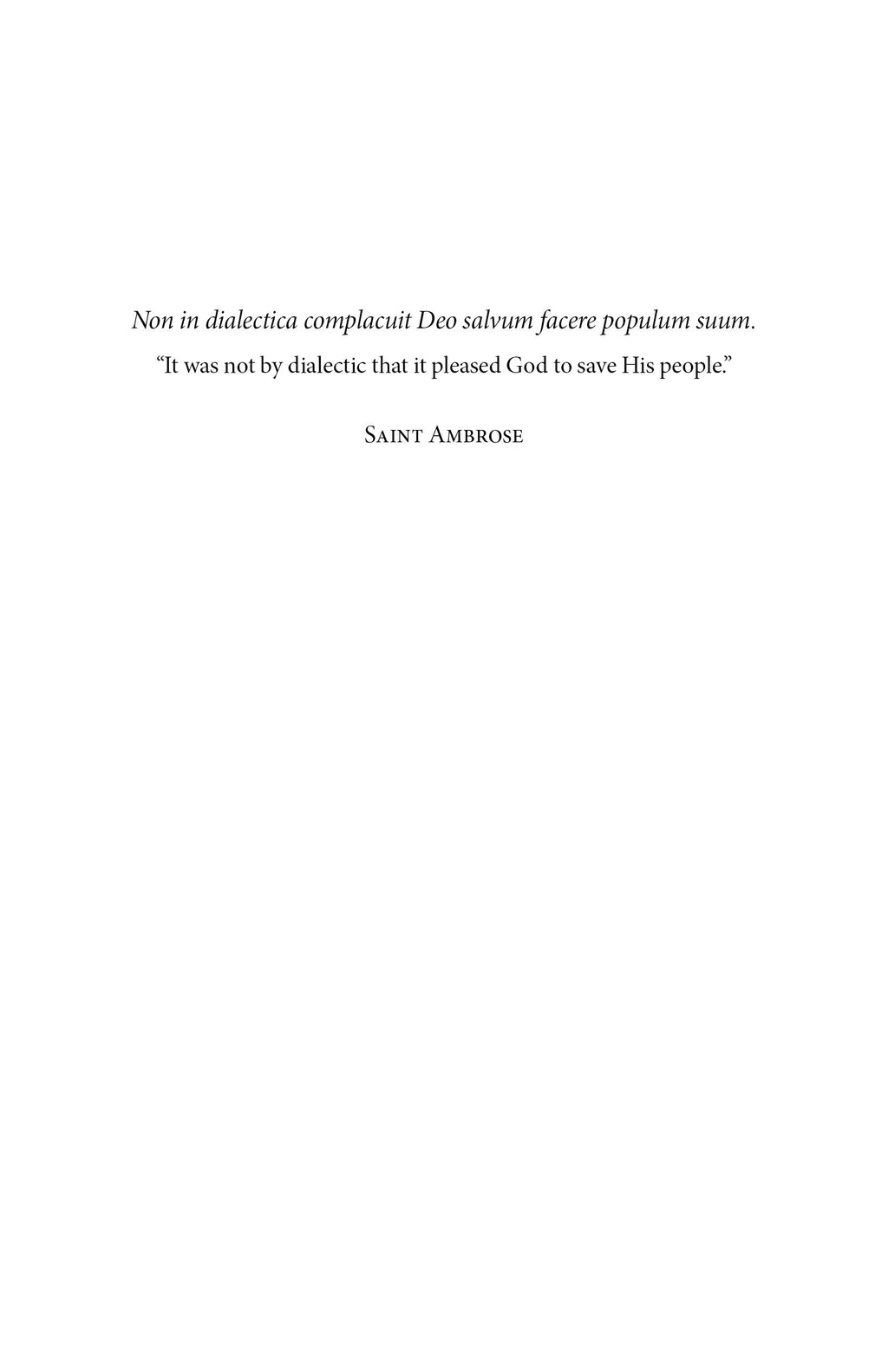 Dedication quote page with a Latin line and English translation by Saint Ambrose