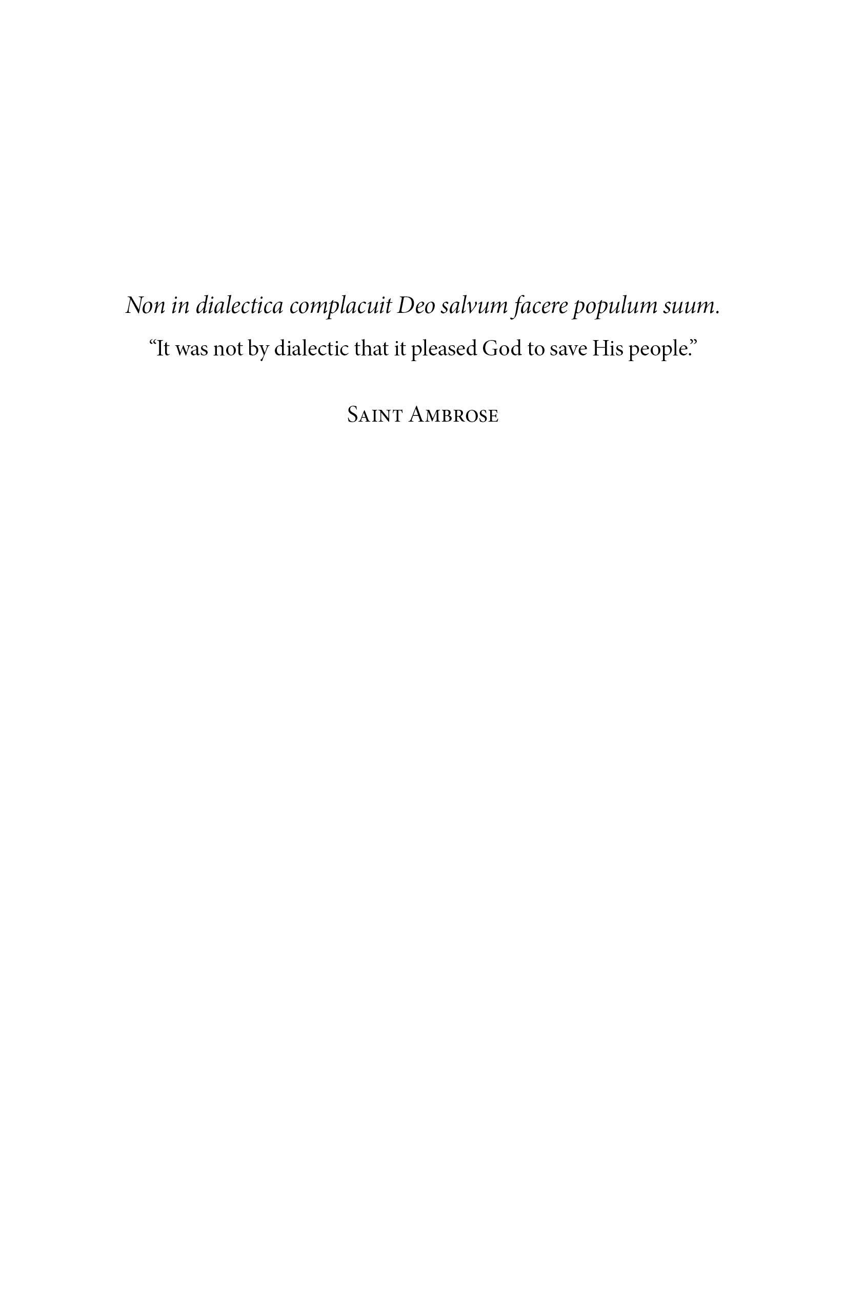 Dedication quote page with a Latin line and English translation by Saint Ambrose