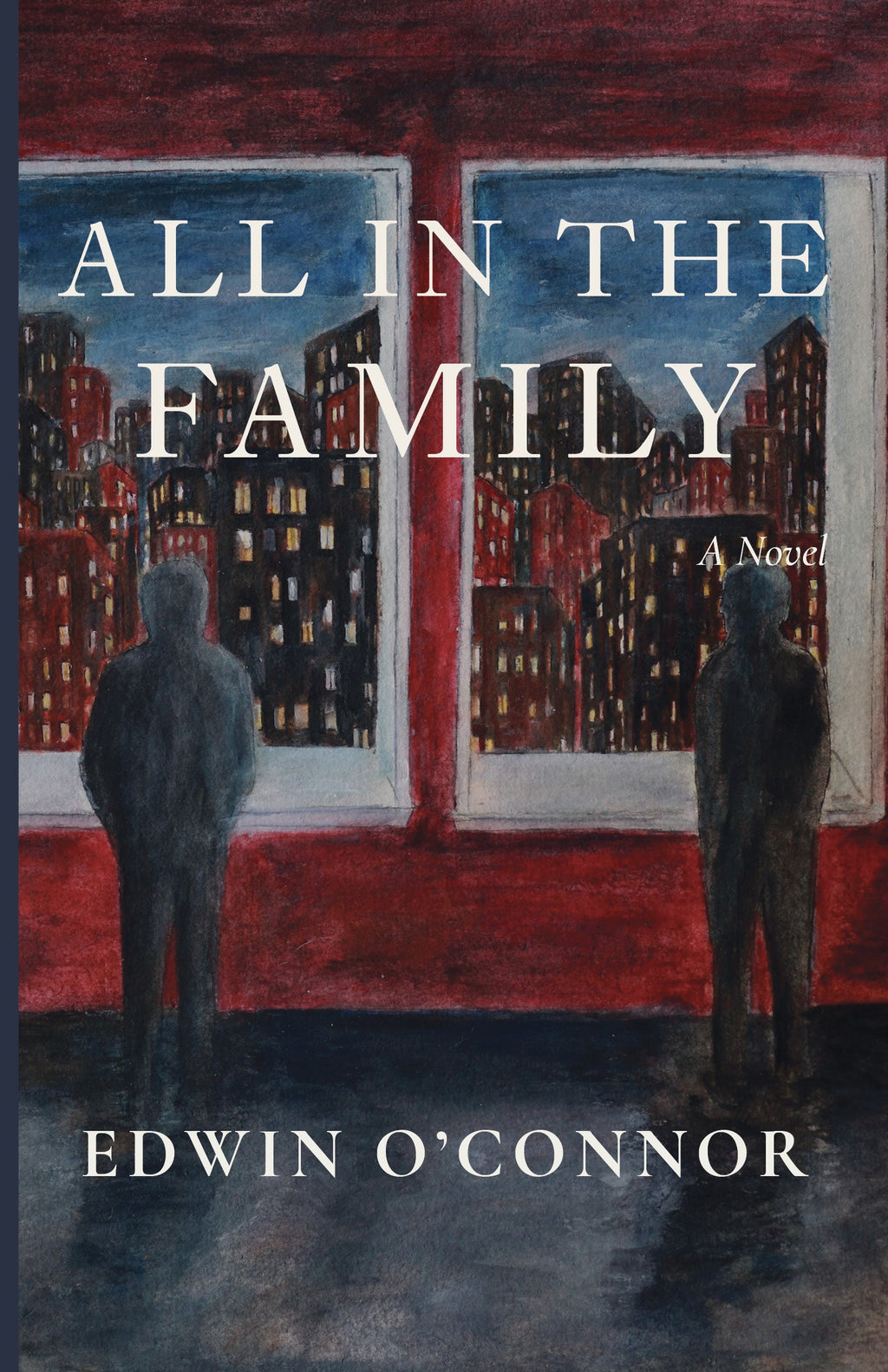 Novel book cover: red city windows, two standing silhouettes, blue title lettering.