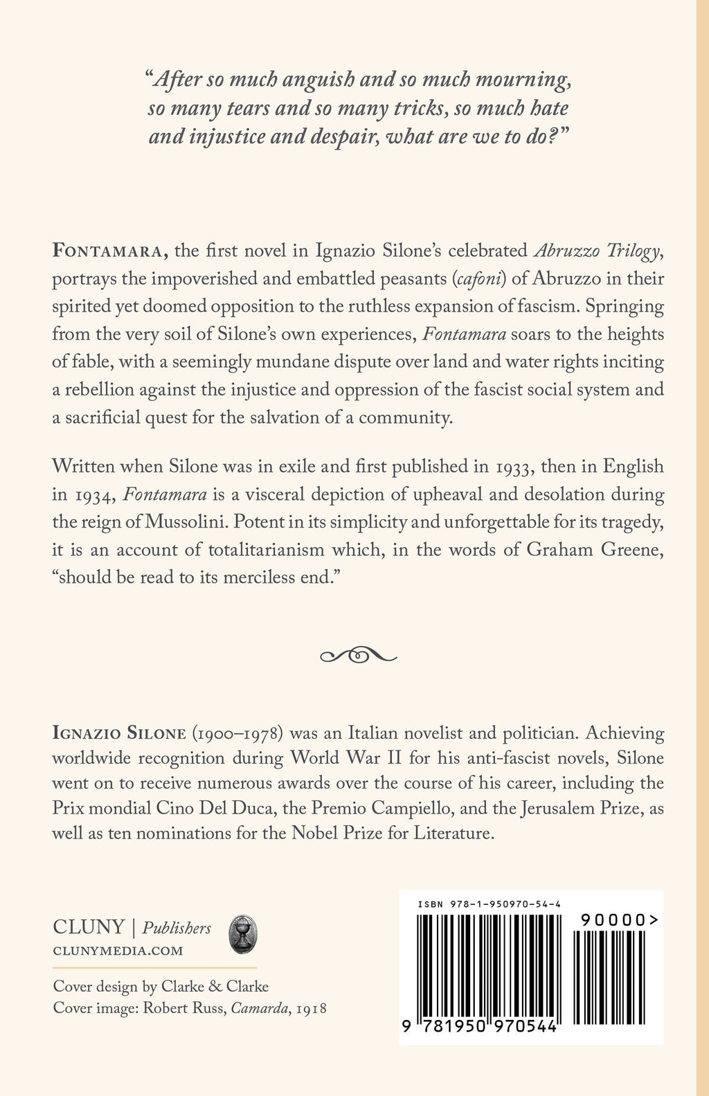 Fontamara novel book back cover with summary paragraphs and barcode