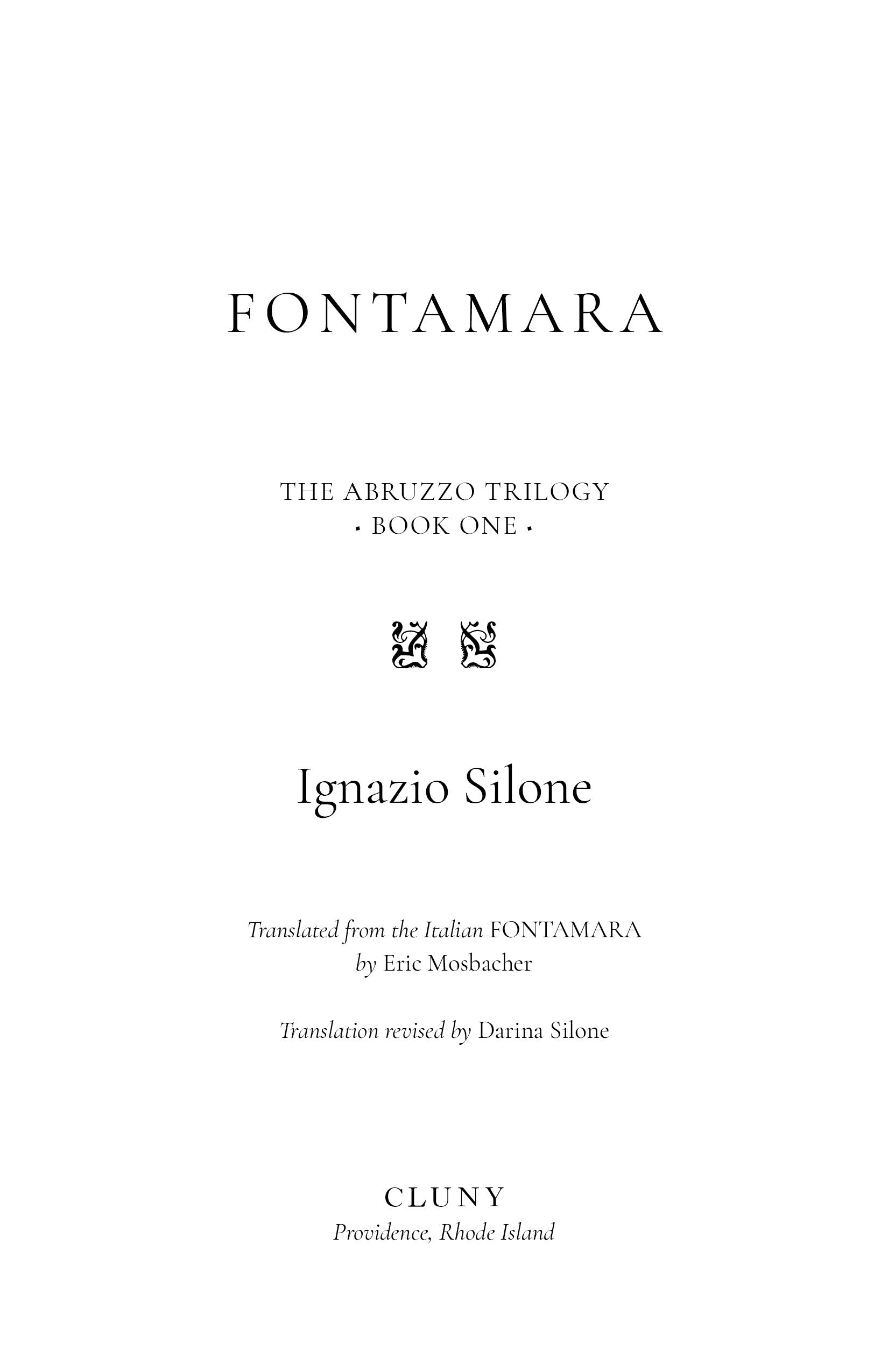 Fontamara title page: THE ABRUZZO TRILOGY, BOOK ONE, author Ignazio Silone
