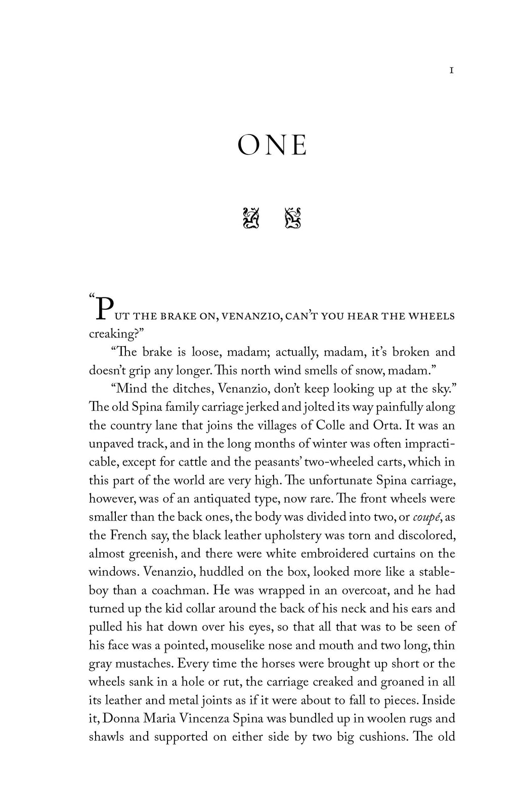 Novel chapter page titled ONE with paragraphs of printed text