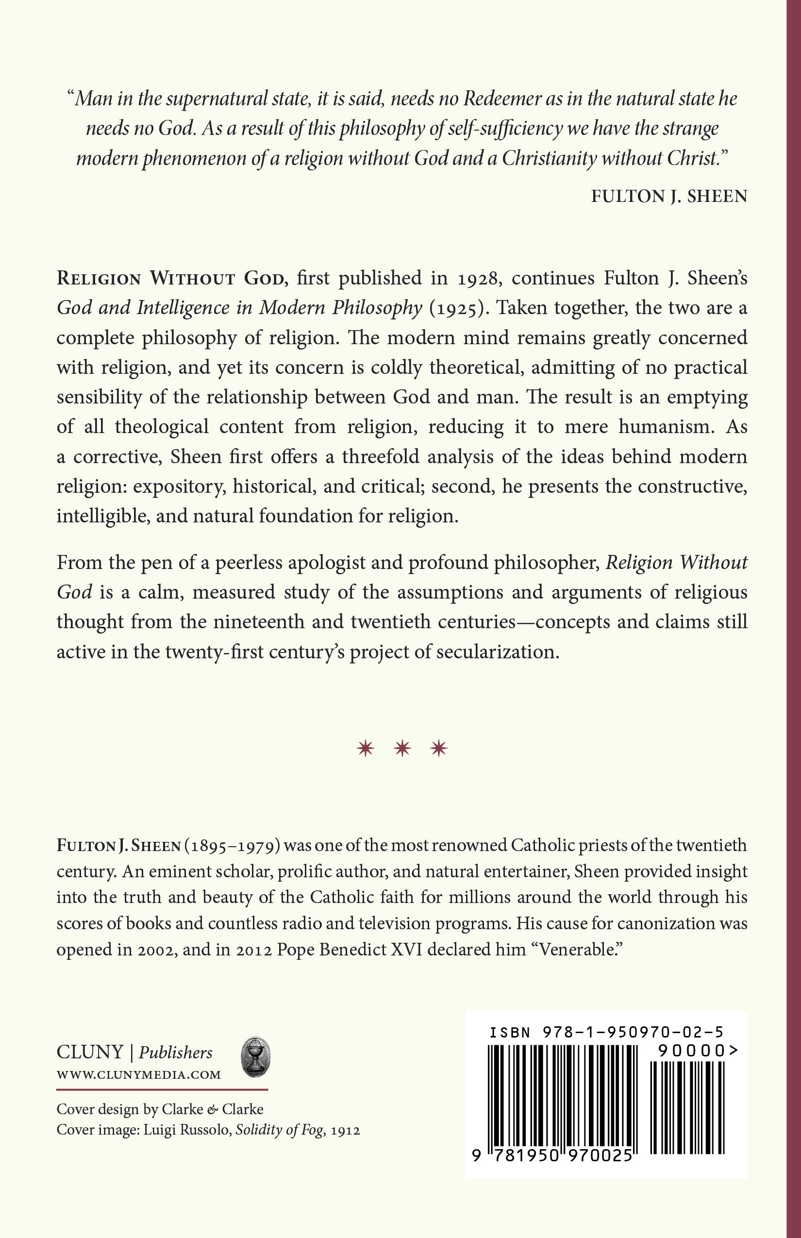 Religion Without God back cover with publisher Cluny and ISBN barcode