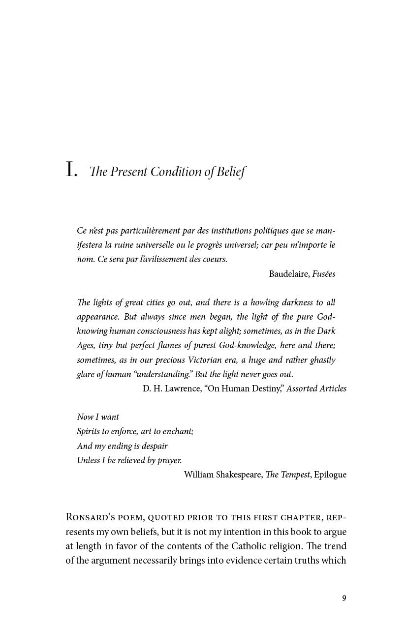 Book page with serif text and chapter heading 'The Present Condition of Belief'