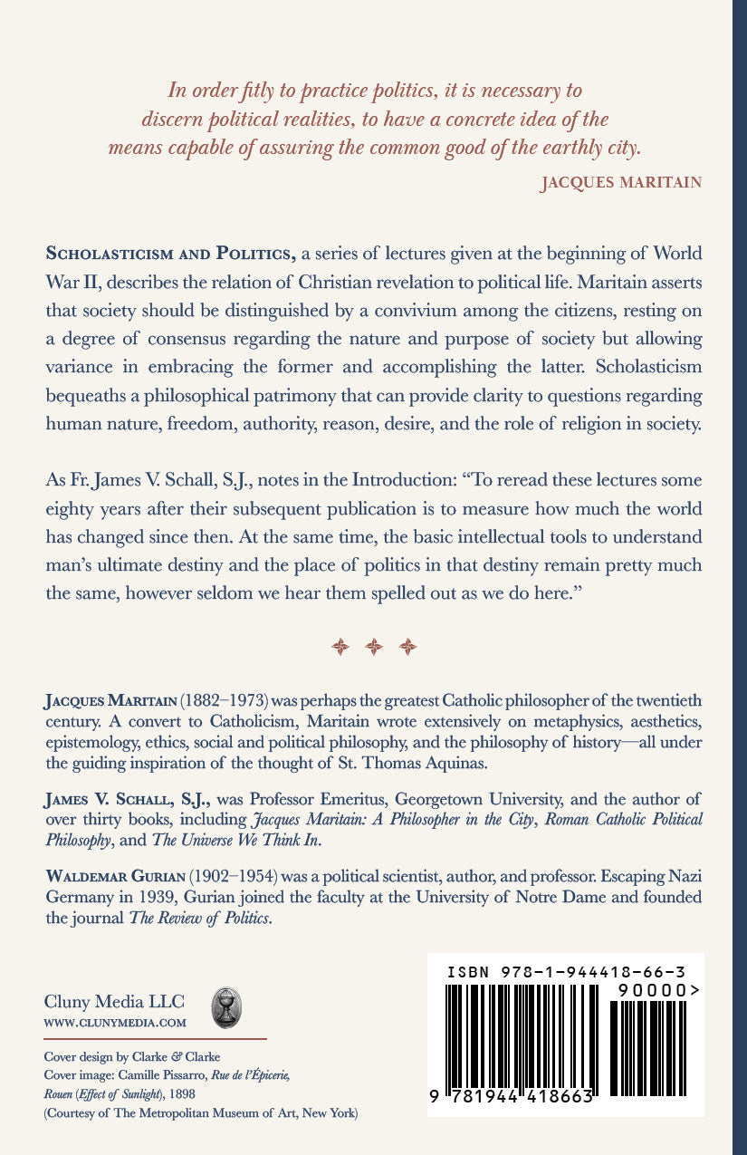 Scholasticism and Politics book back page with biography text and barcode