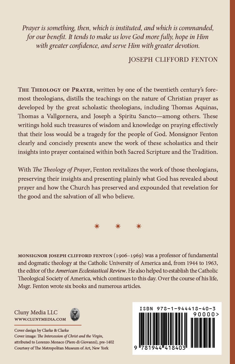 Prayer theology book back cover with author text and barcode