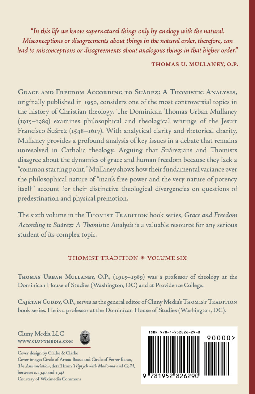 Book page with publication text and barcode for Grace and Freedom According to Suárez