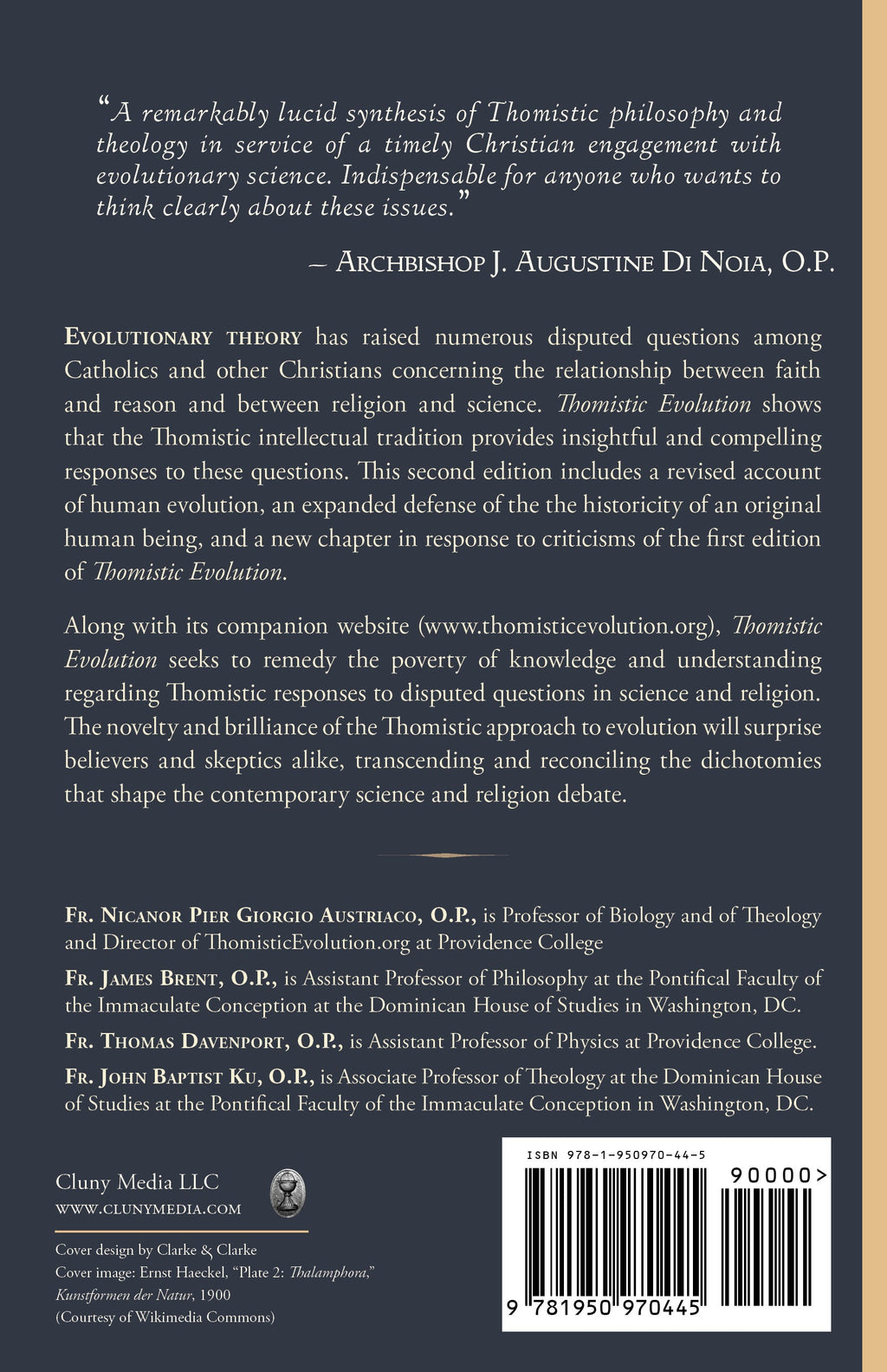 Thomistic Evolution book back cover with synopsis, authors, and barcode