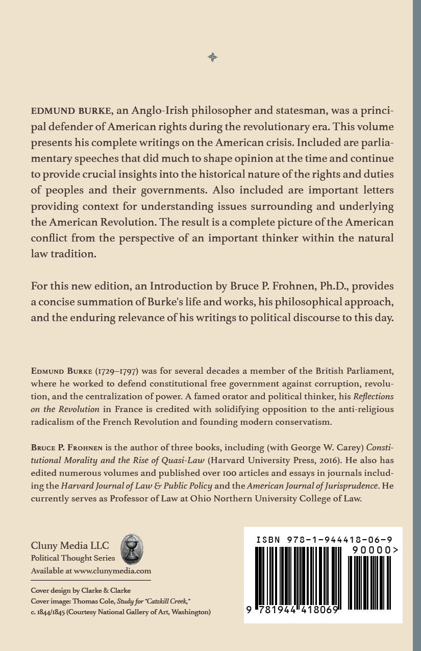 Book back cover with Edmund Burke details, barcode and ISBN