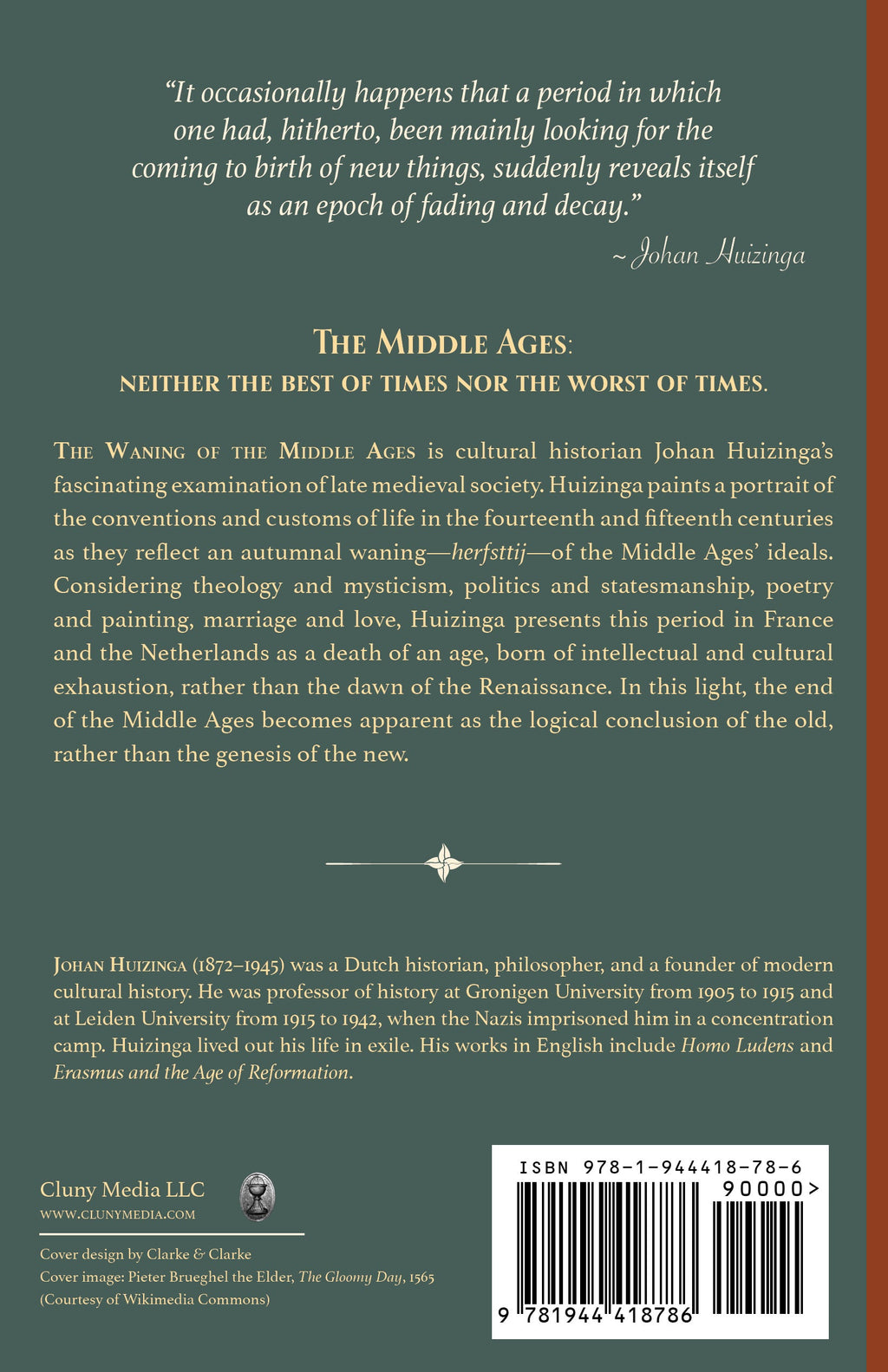 Book back cover with author Johan Huizinga and ISBN barcode