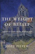 Book cover with blue church illustration and title text; essays on faith in modern age