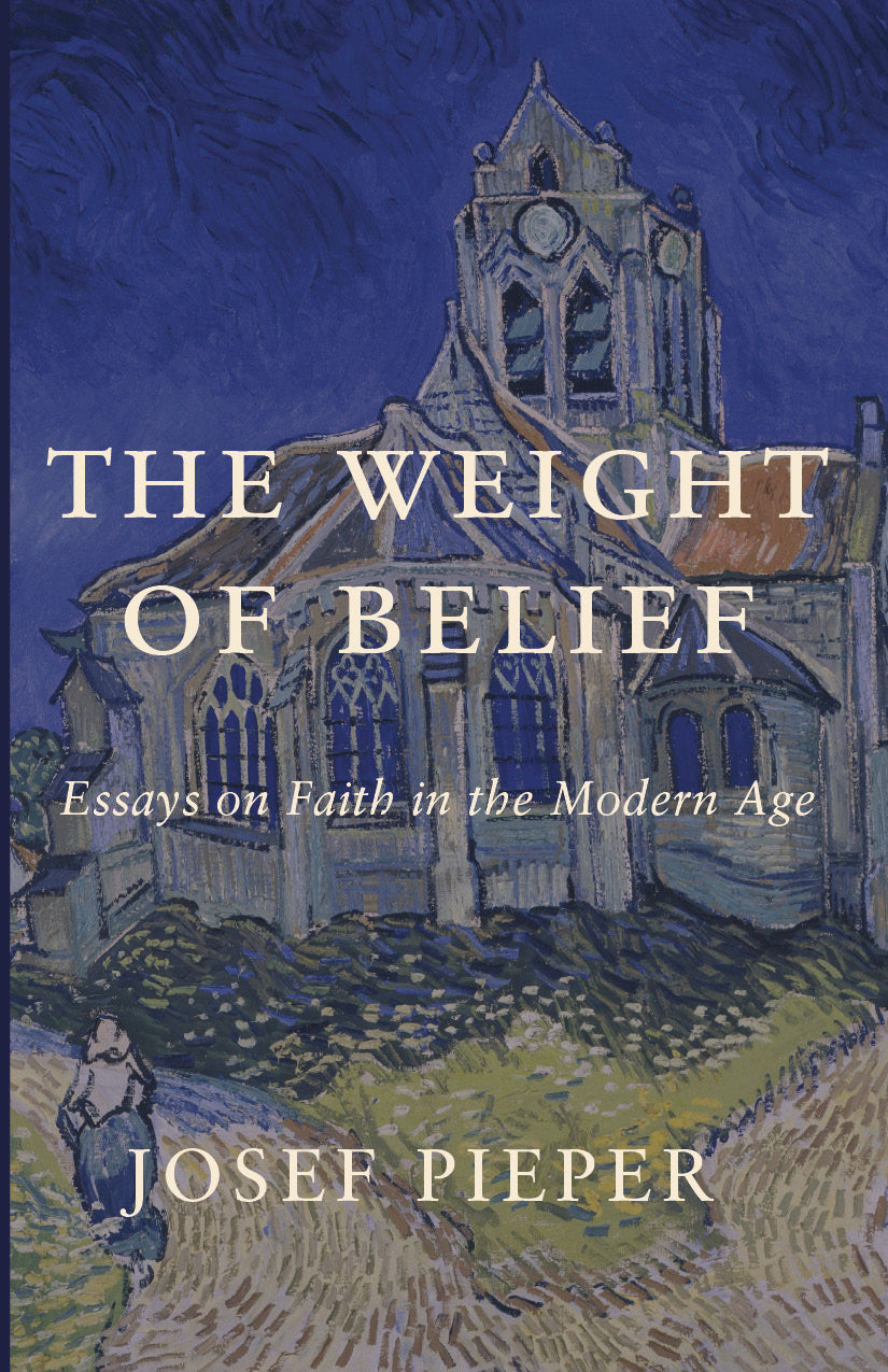 Book cover with blue church illustration and title text; essays on faith in modern age
