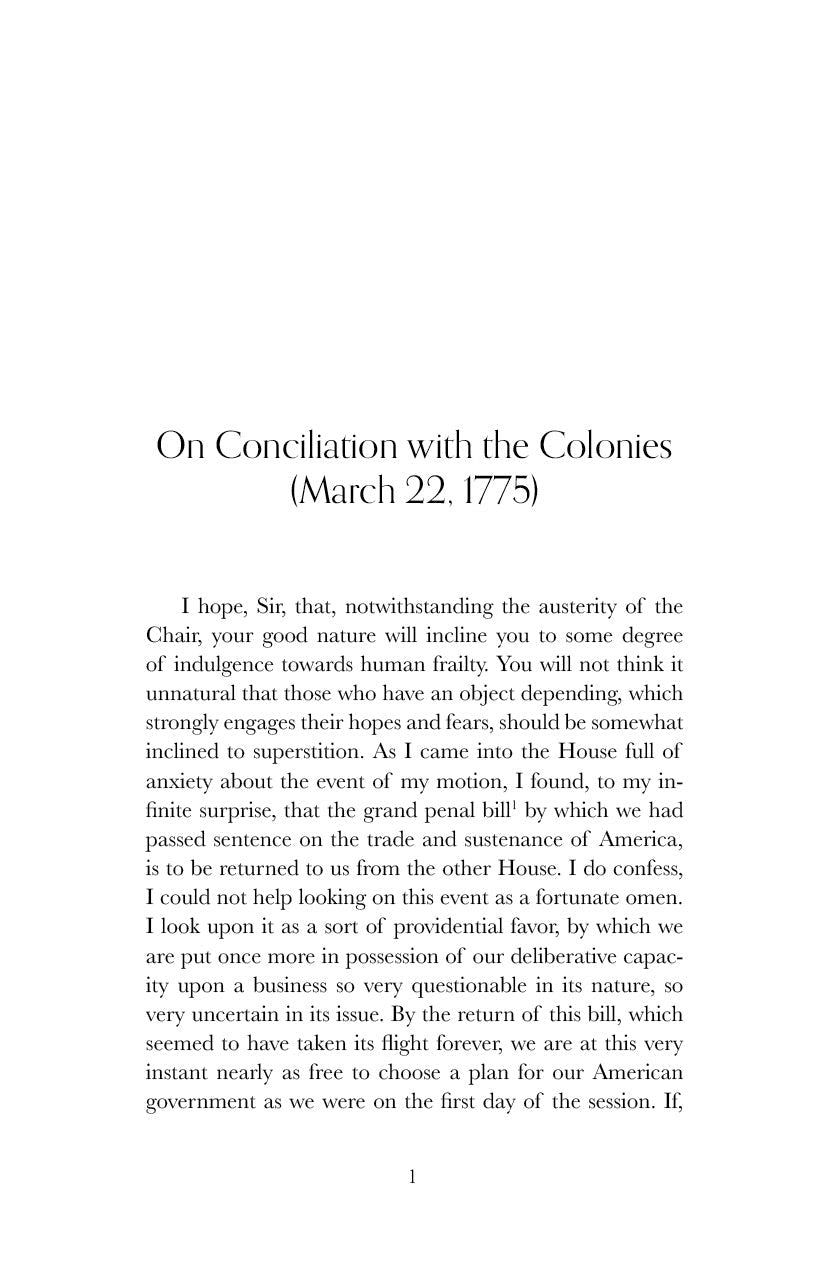 Book page titled "On Conciliation with the Colonies" dated March 22, 1775