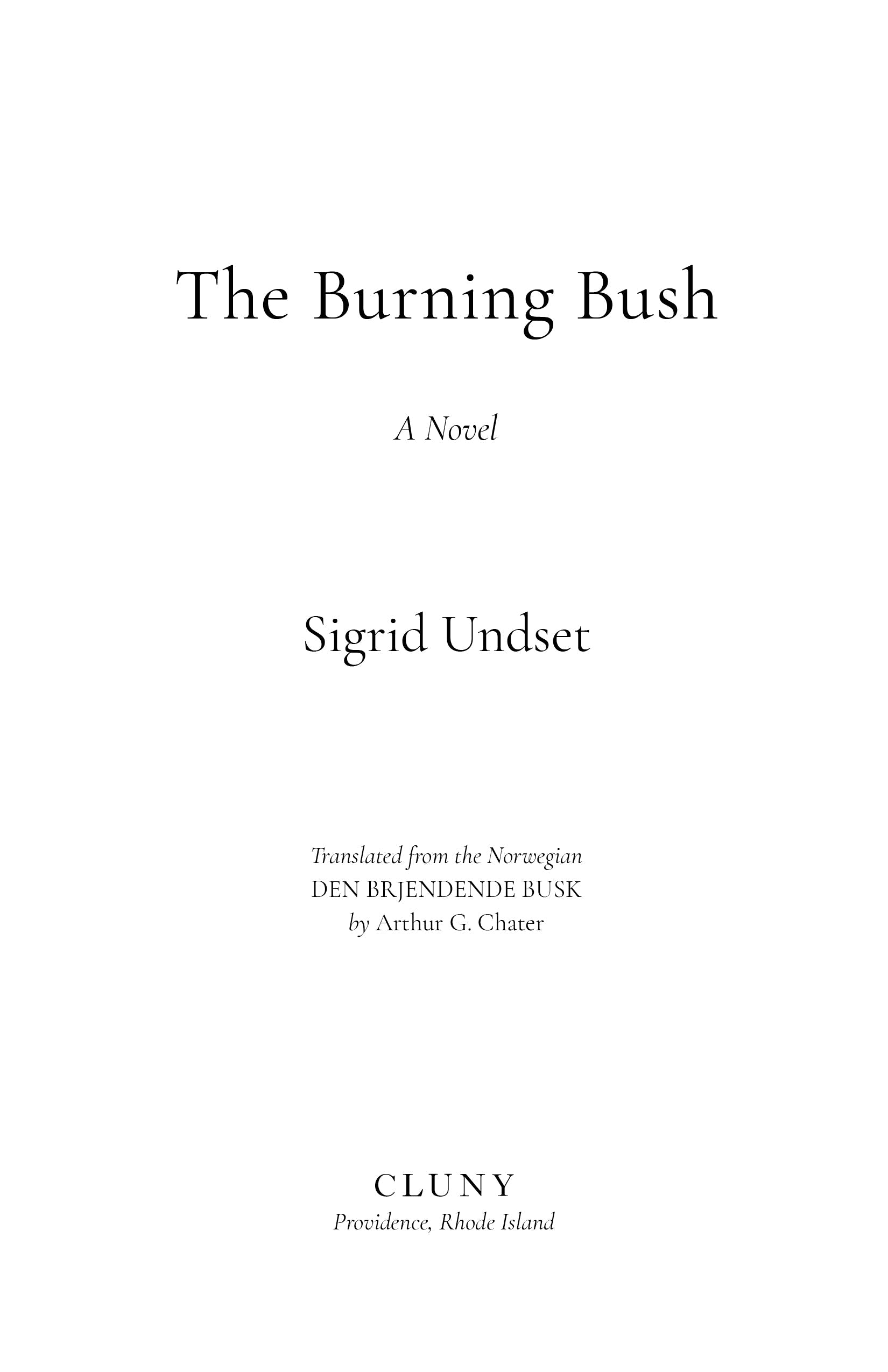Novel title page with 'The Burning Bush', Sigrid Undset, and Cluny imprint