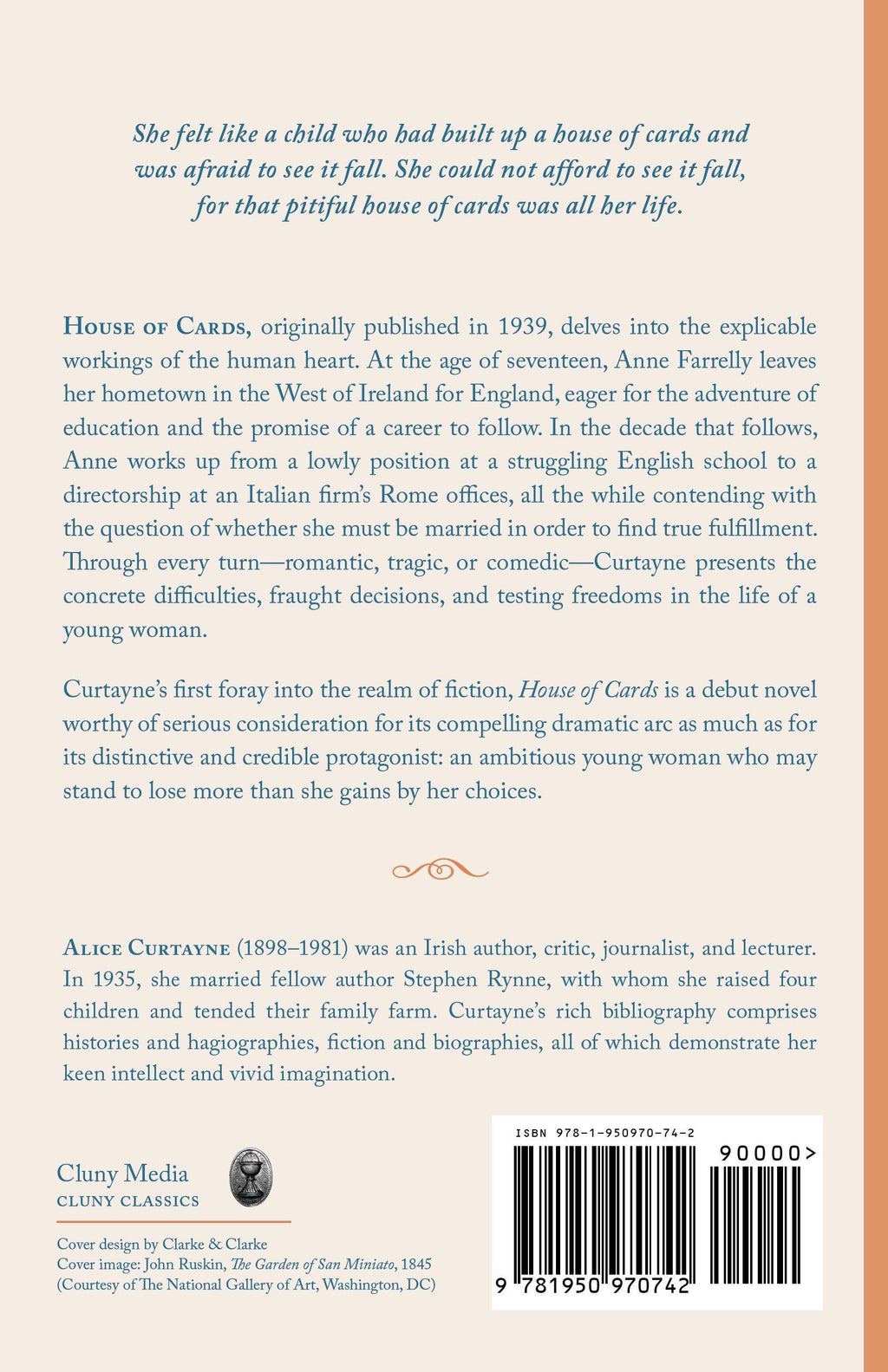 Back cover with synopsis text and author biography for a novel
