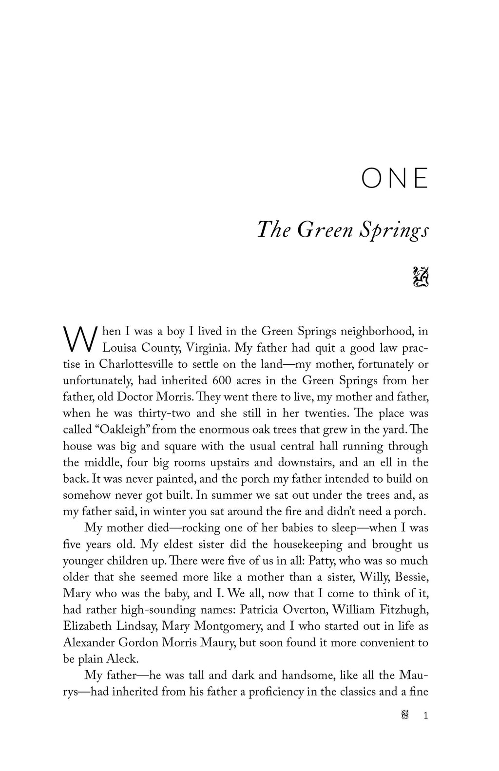 Book page with chapter heading ONE and 'The Green Springs' subtitle