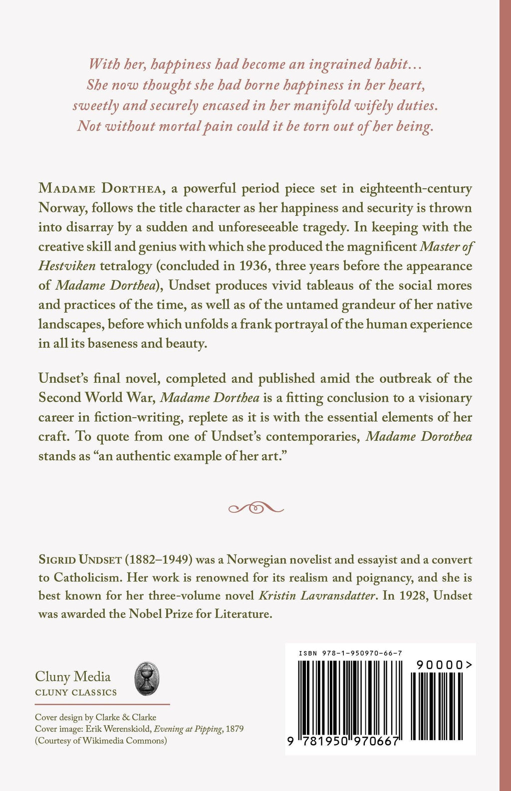 Madame Dorthea back cover with summary text and barcode