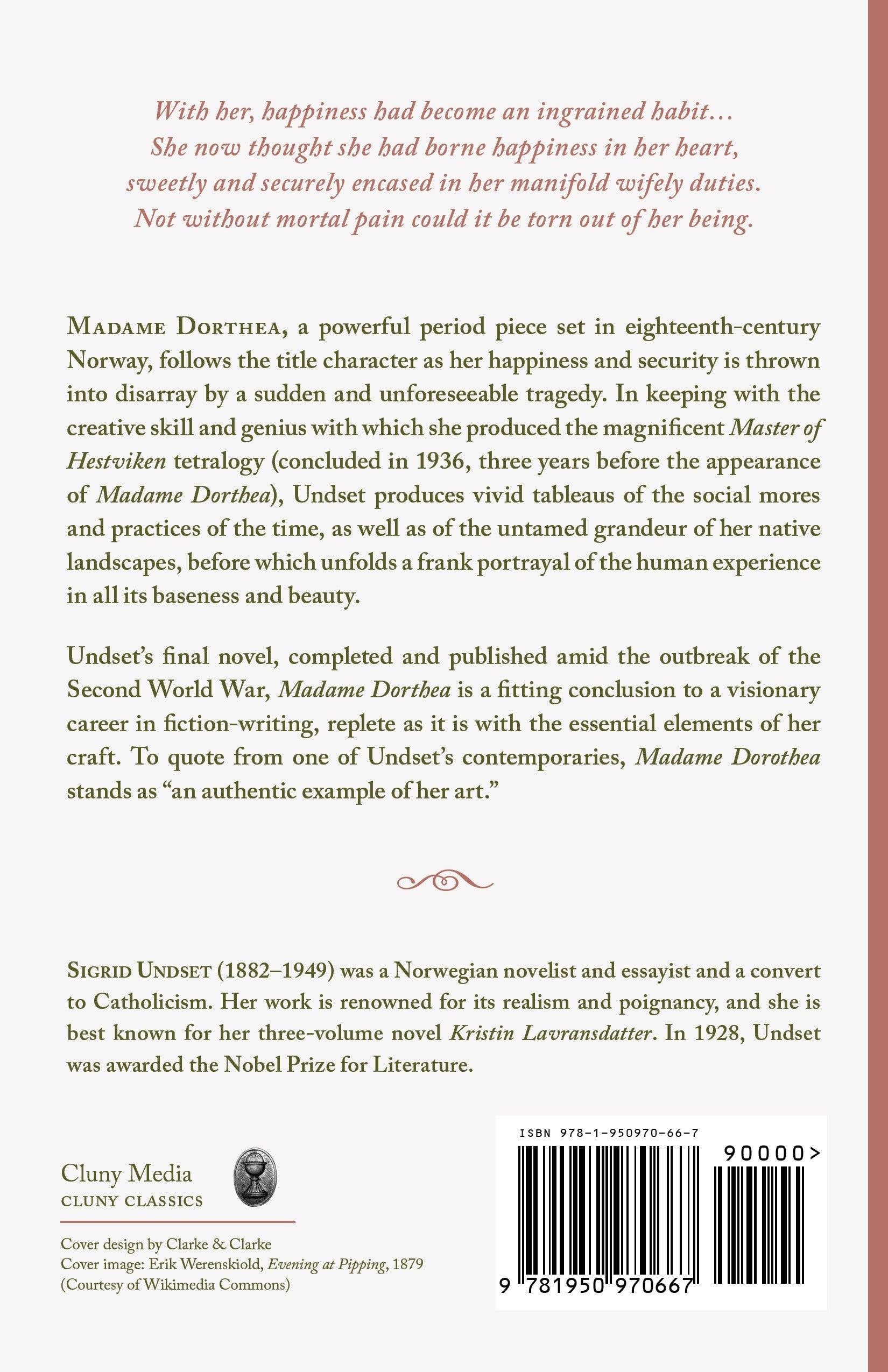 Madame Dorthea back cover with summary text and barcode
