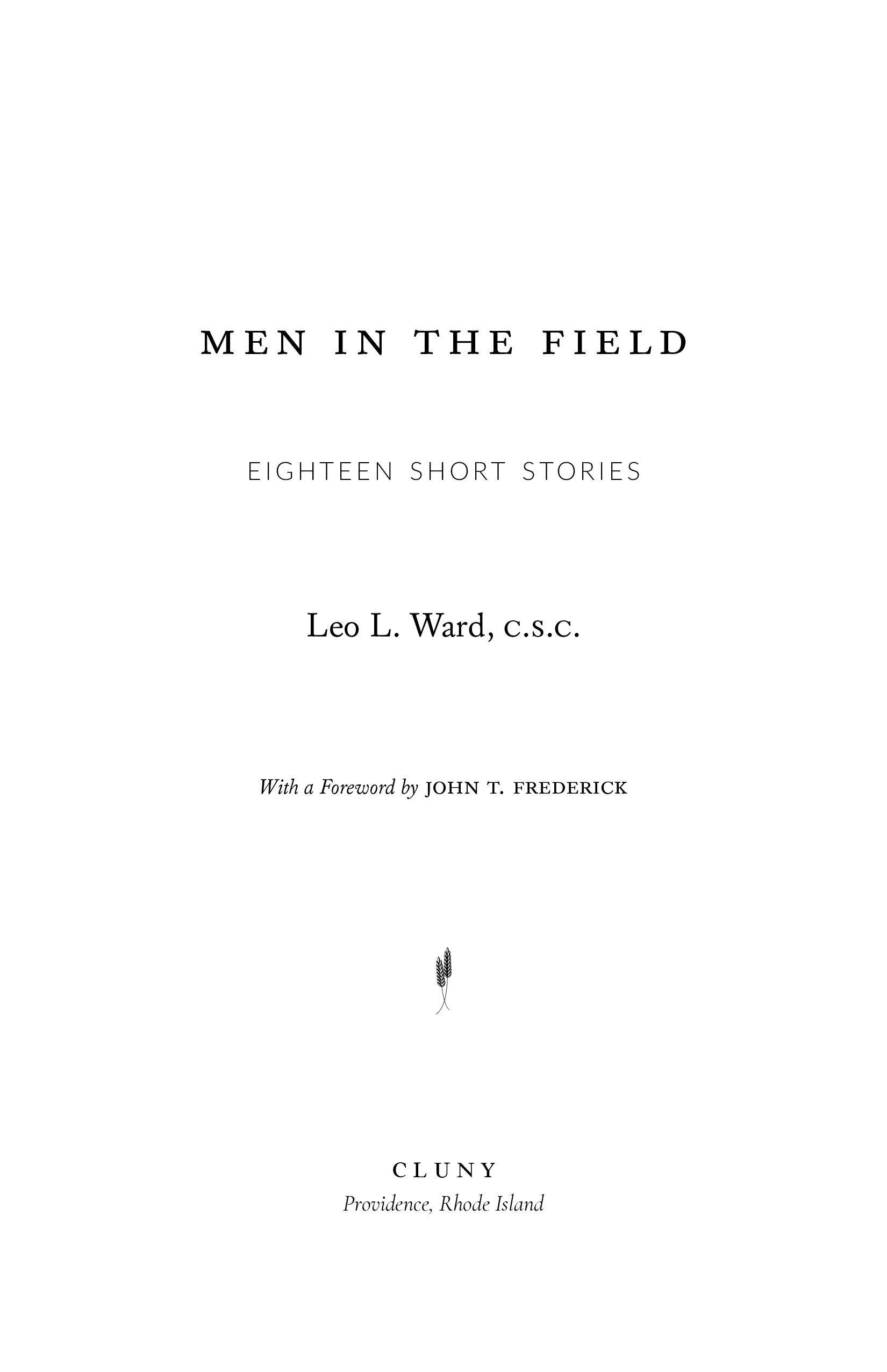 Book title page with 'Men in the Field', Eighteen Short Stories, Leo L. Ward