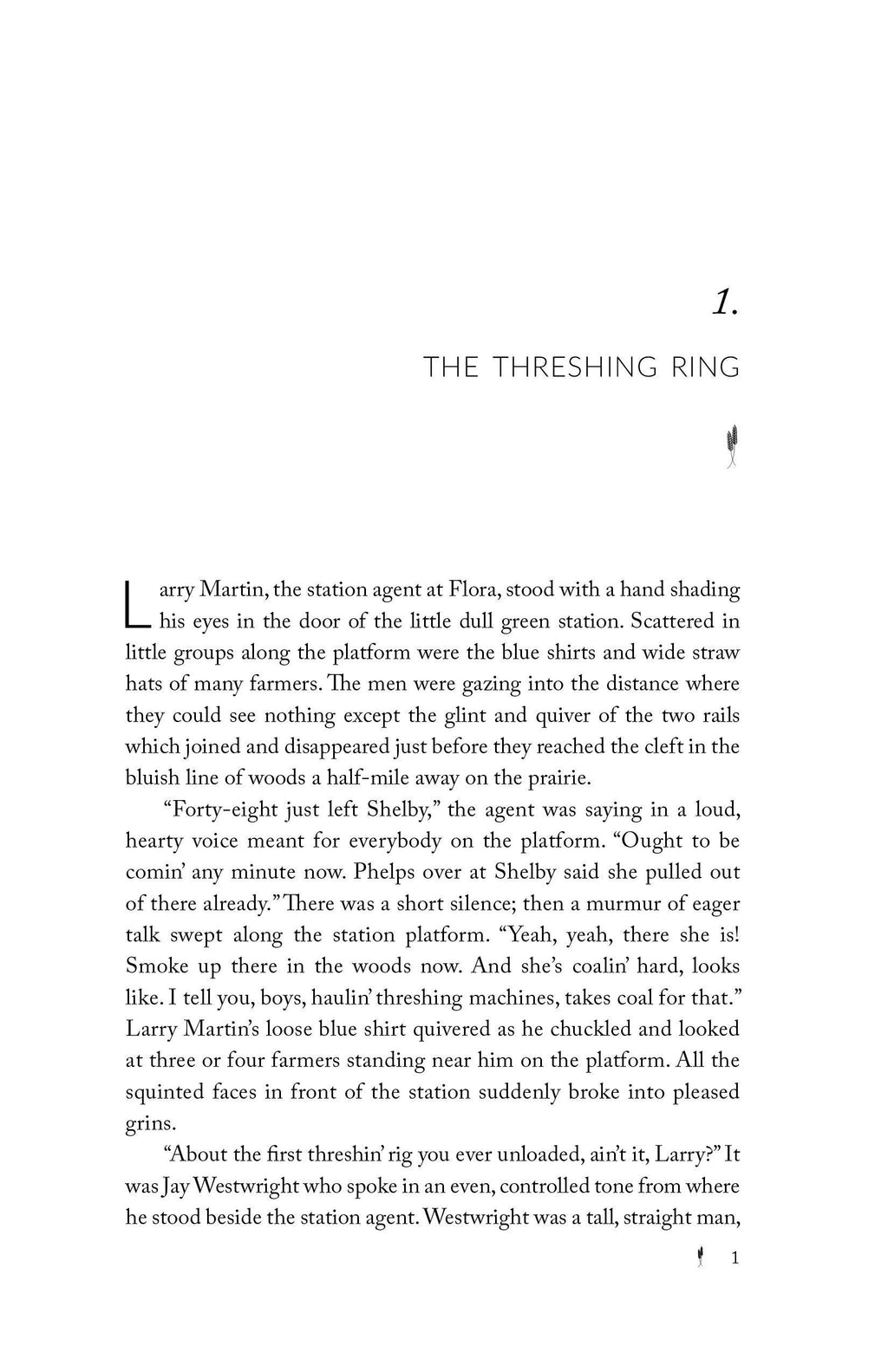 Book page titled 'THE THRESHING RING' with printed short-story text