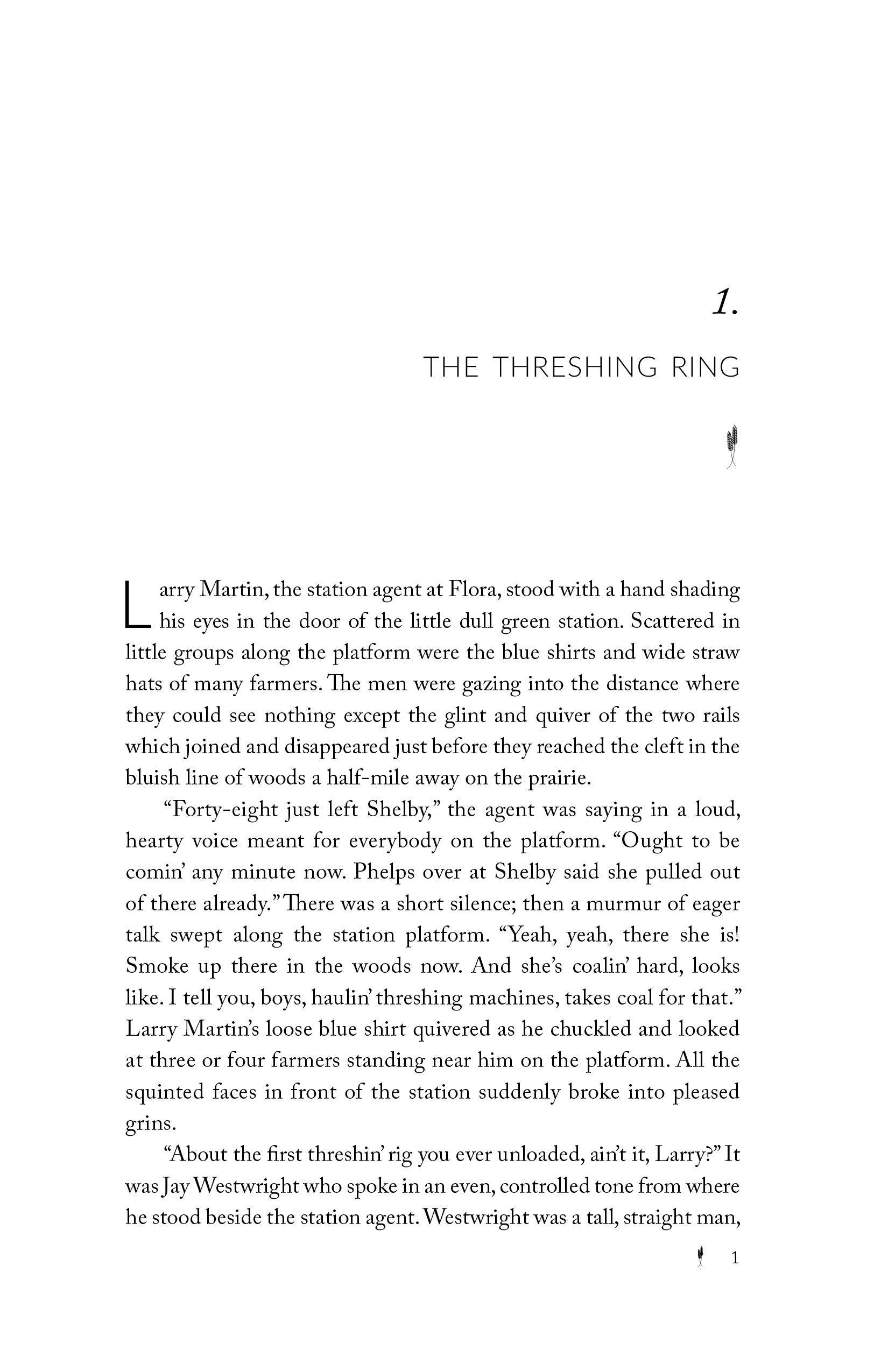 Book page titled 'THE THRESHING RING' with printed short-story text