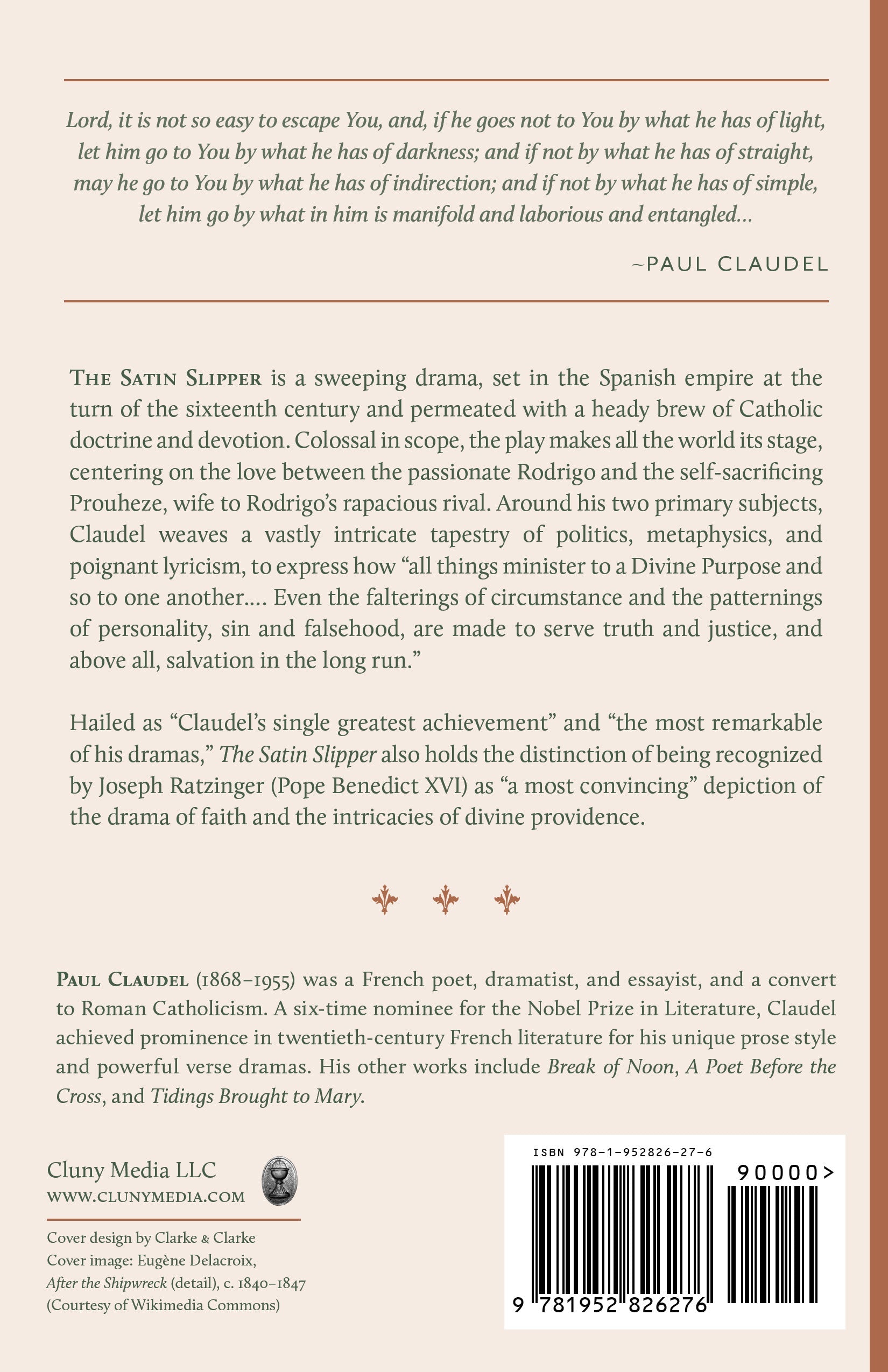 Book back cover text and publisher details for The Satin Slipper by Paul Claudel