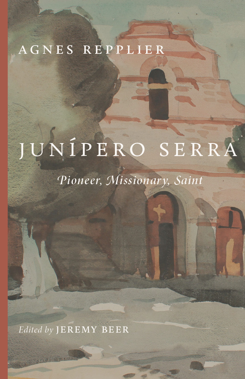 Junípero Serra book cover with illustrated mission buildings and saint figure