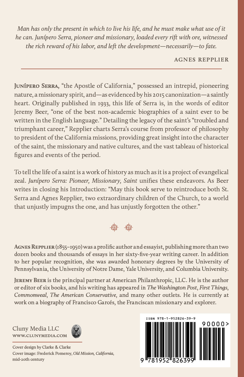 Junípero Serra book back cover with author text and barcode