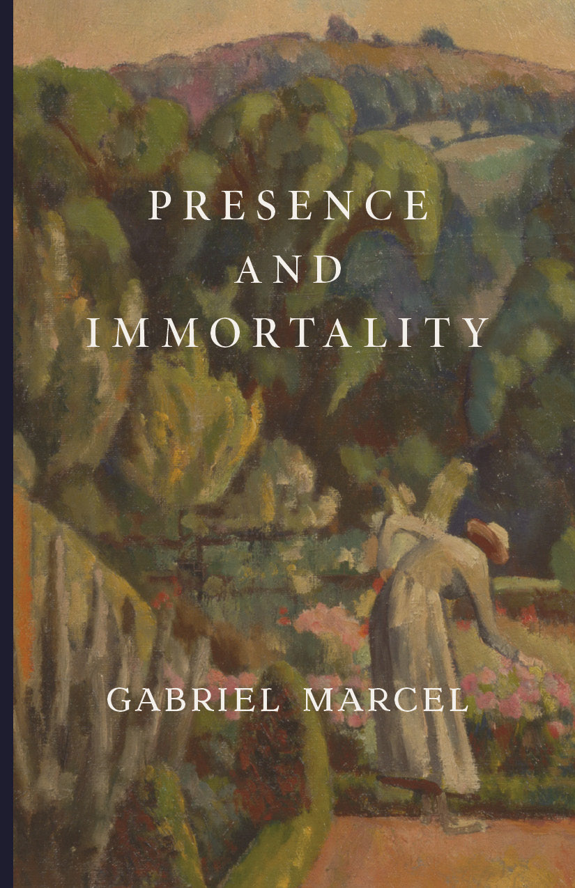 Book cover, Presence and Immortality by Gabriel Marcel, illustrated landscape scene