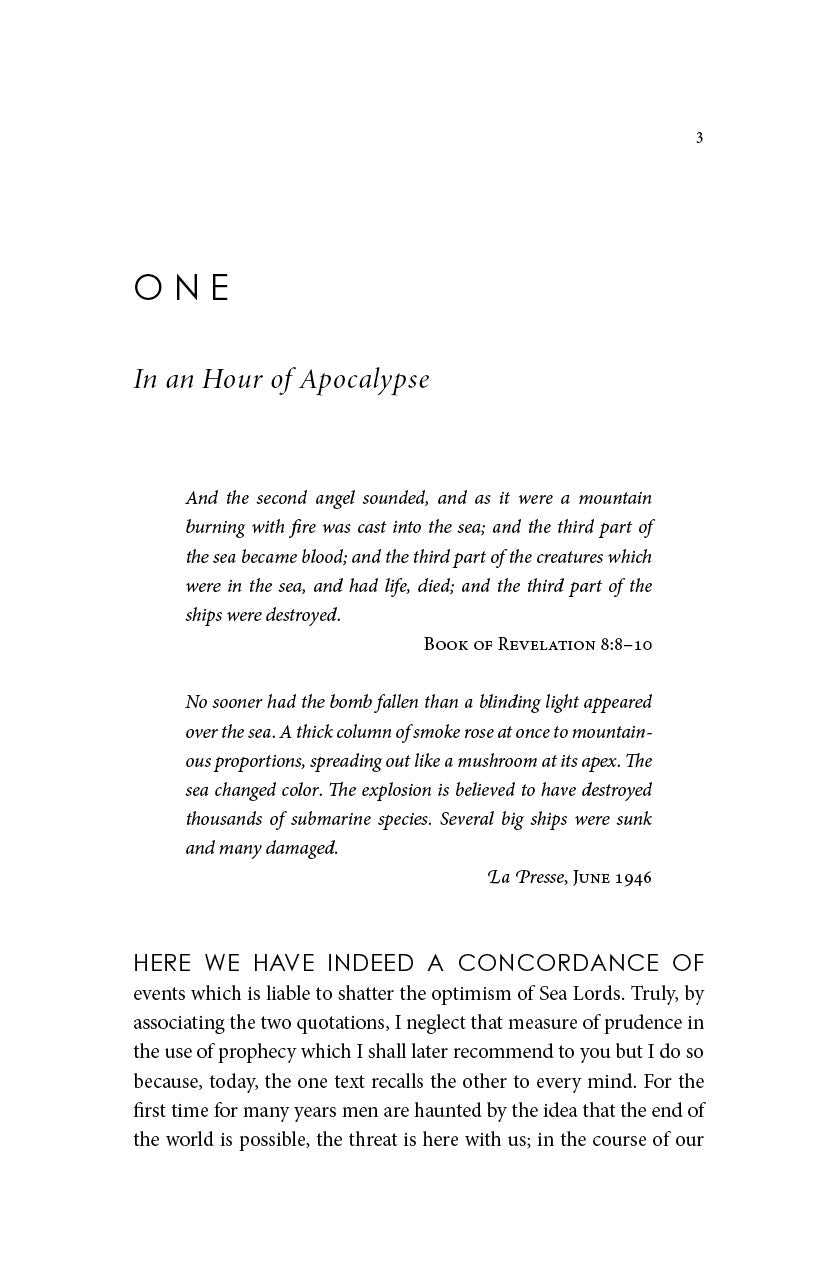 Book page titled ONE, with heading In an Hour of Apocalypse and body text