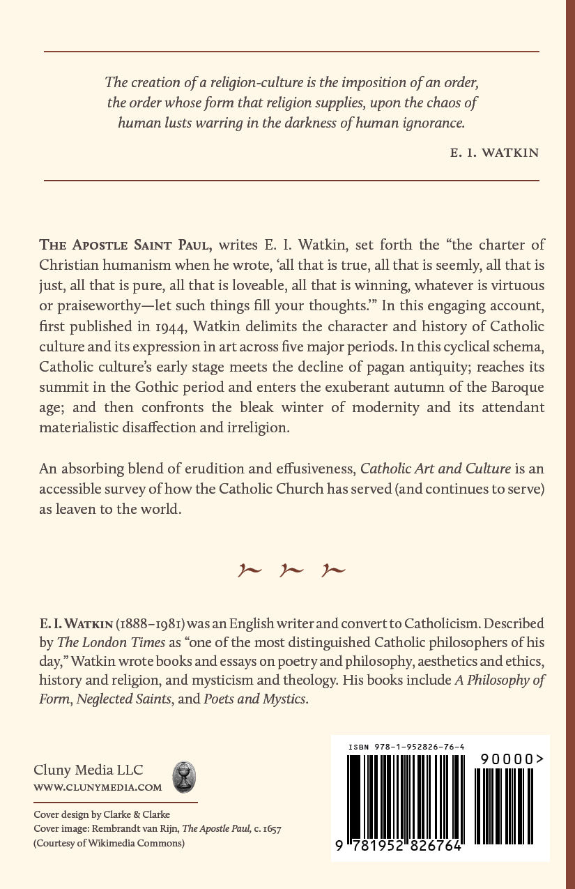 Back cover with description text, E. I. Watkin name, barcode and publisher info