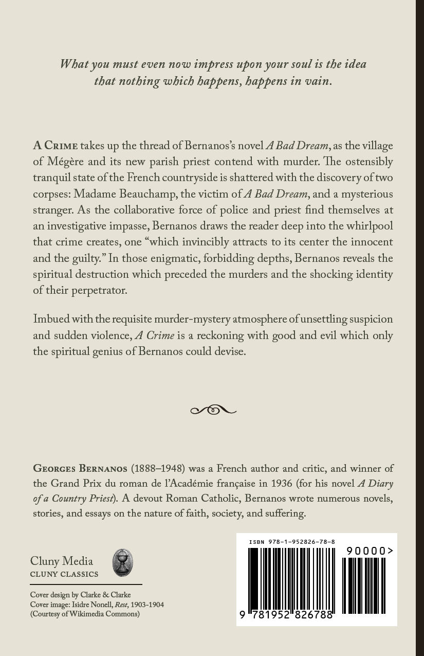 Novel back cover with blurb, publisher details, and barcode for A CRIME