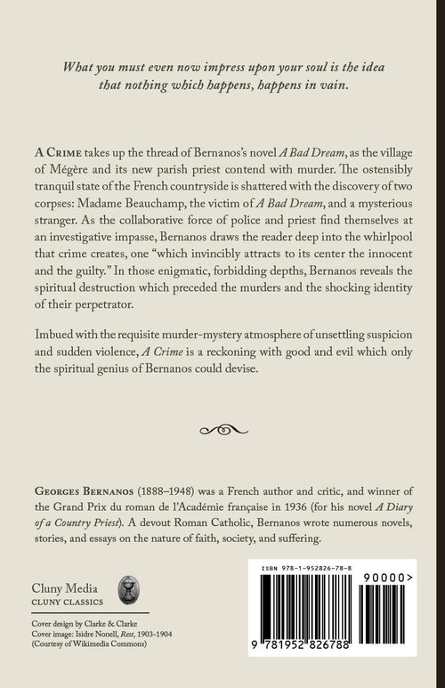 Novel back cover with blurb, publisher details, and barcode for A CRIME