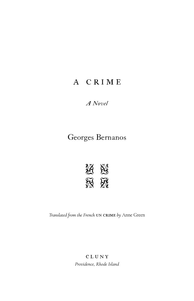 Novel title page showing A CRIME, Georges Bernanos, and publisher Cluny