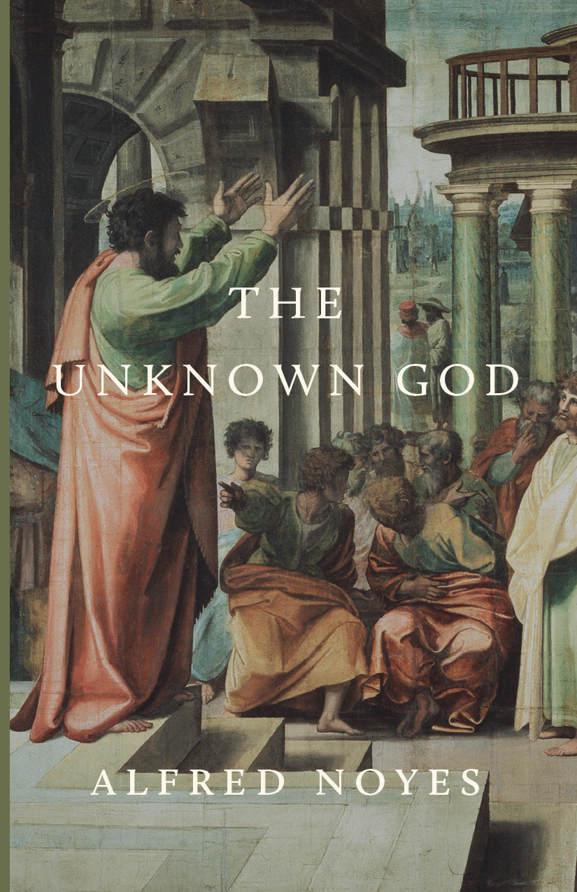 Book cover with painted figures, The Unknown God title and Alfred Noyes